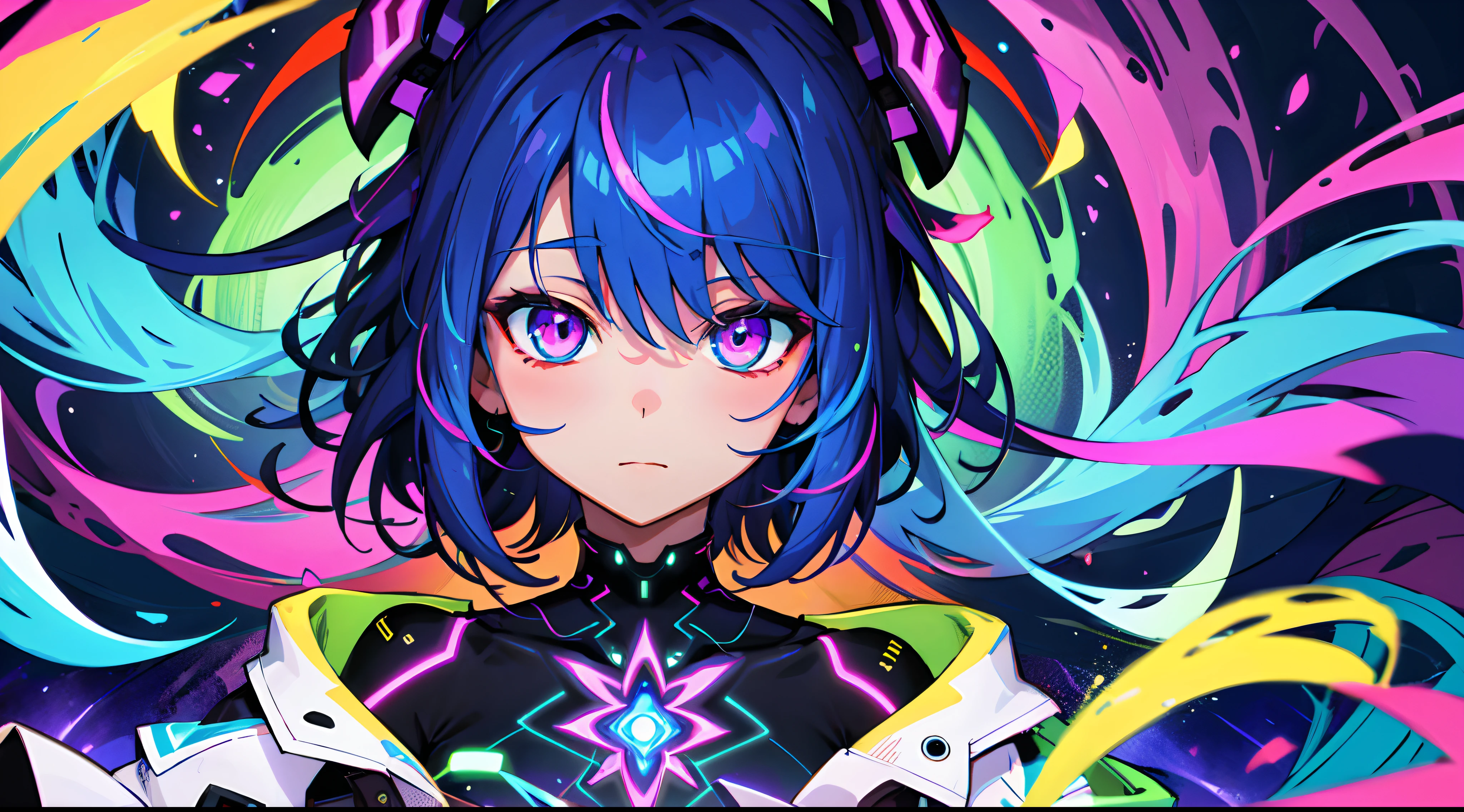 (Close-up), Portrait, Portrait, (Solo), Masterpiece, Best quality, The clothes ar，1girll，

hight contrast, Psychedelic, [[[LSD]]], Particle, full bloom, Neon lighting, (Glow), Flat color, splash of color, color mashing