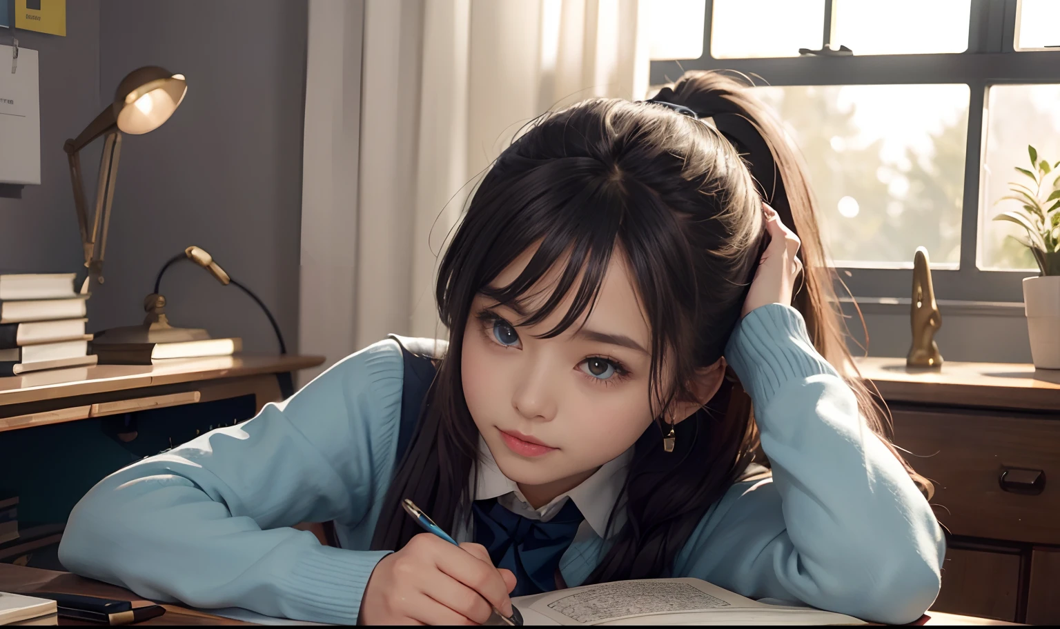 cute beautiful girl about 10 years old, sits at her desk in her bedroom with smile. She is wearing a school uniform and has her hair tied back in a ponytail. She is focused on her homework, which is spread out in front of her. There is a poster of her favorite band on the wall behind her, some books and a lamp is on table in front of her, lamp is glowing softly, She is using a pencil to write in a notebook. The room is illuminated by a desk lamp. ,beautiful detailed eyes, beautiful detailed lips, extremely detailed eyes and face, colorful room, pale blue dress, fantasy world, luminism, three dimensional effect, enhanced beauty, long shot, wide angle lens, 8K, Anime style artwork, masterpiece, perfection