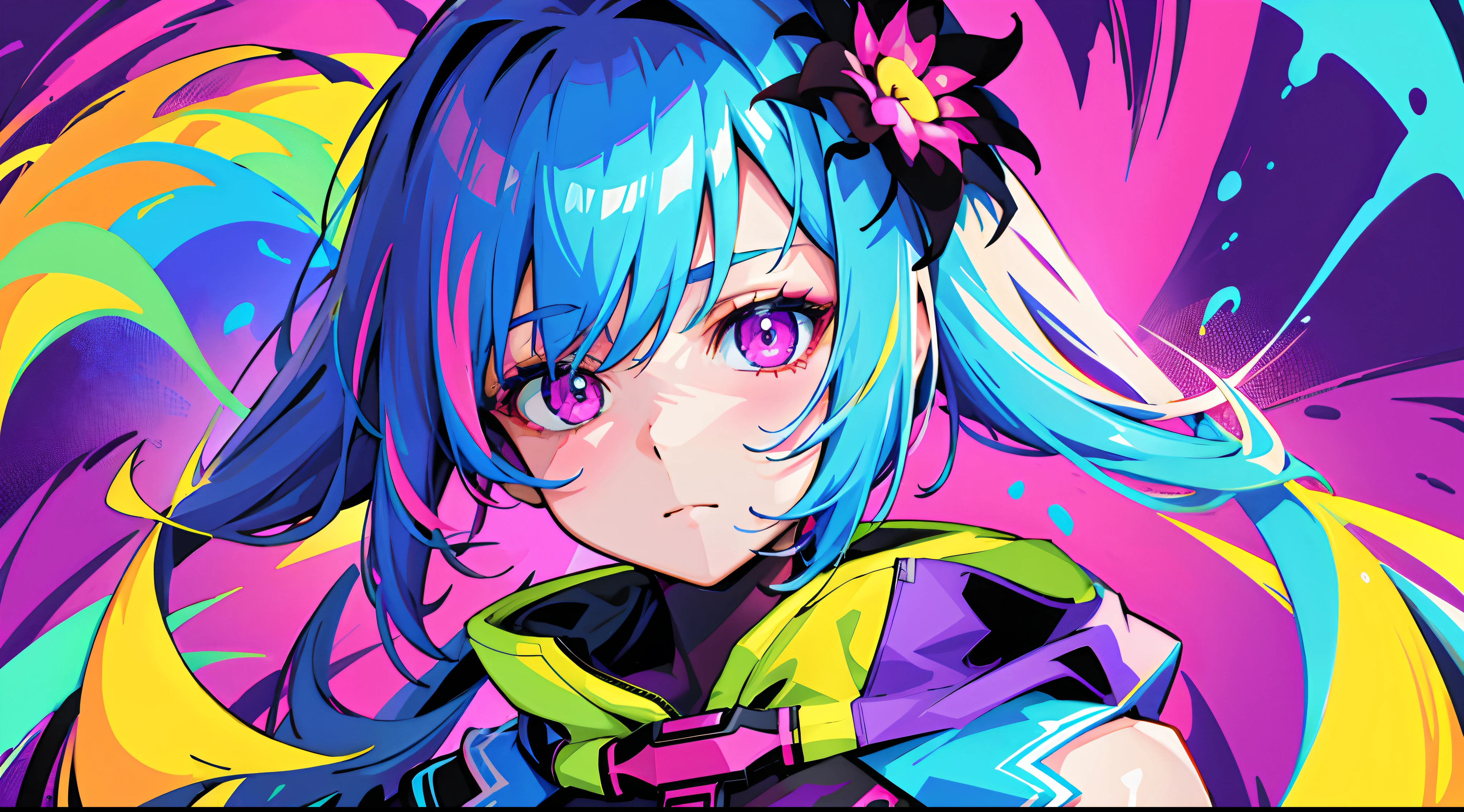 (Close-up), Portrait, Portrait, (Solo), Masterpiece, Best quality, The clothes ar，1girll，

hight contrast, Psychedelic, [[[LSD]]], Particle, full bloom, Neon lighting, (Glow), Flat color, splash of color, color mashing