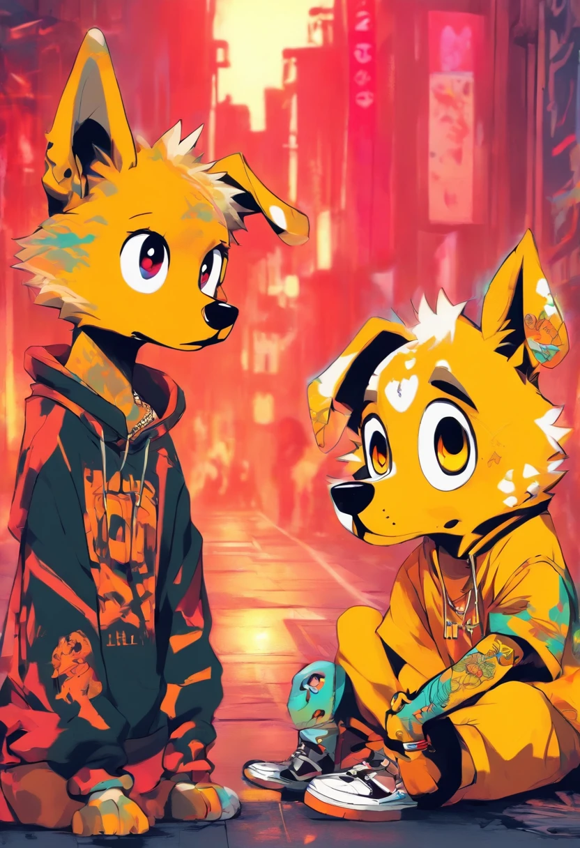 Two cool and trendy dogs talking to each other, White hair, Yellow eyes, Wear trendy hip-hop clothes, Wearing a hoodie, Graphic T-shirt and ripped jeans, Lots of tattoos and piercings, Doodle style background, Highly detailed background, perfect masterpiece, High quality, High resolution