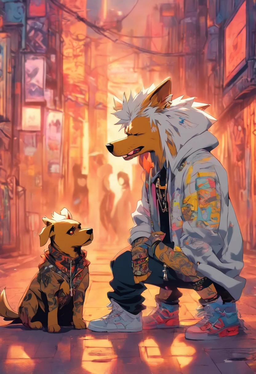 Two cool and trendy dogs talking to each other, White hair, Yellow eyes, Wear trendy hip-hop clothes, Wearing a hoodie, Graphic T-shirt and ripped jeans, Lots of tattoos and piercings, Doodle style background, Highly detailed background, perfect masterpiece, High quality, High resolution