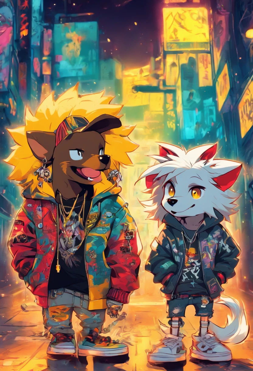 Two cool and trendy dogs talking to each other, White hair, Yellow eyes, Wear trendy hip-hop clothes, Wearing a hoodie, Graphic T-shirt and ripped jeans, Lots of tattoos and piercings, Doodle style background, Highly detailed background, perfect masterpiece, High quality, High resolution