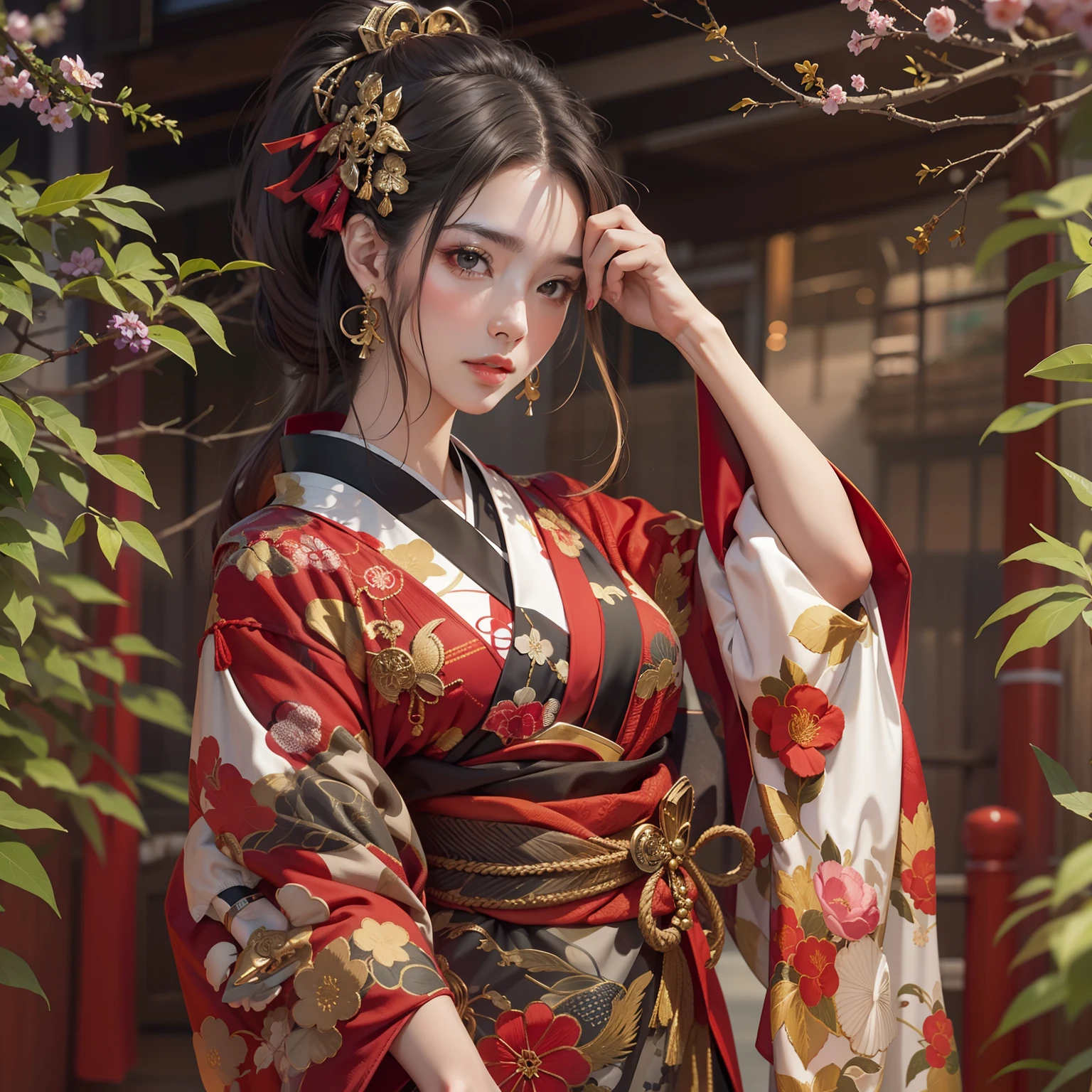 Detailed restaurants(The cityscape of Kyoto seen outside the window)、BREAK,Eating daifuku,BREAK,elaborate costume{Luxury kimono(Dark red kimono(Detailed golden embroidery,))}、(Japanese Idol(actress):1.2)(face perfect:1.2),Depicting a beautiful and classy adult woman。glossy dark hair,poneyTail,Heart in the eye。 Wallpapers 16K, .Blur the background with a sickle,((masutepiece)), ((Best Quality)),{{a portrait photo of}},full body Esbian、Faraway view,Like a corporate logo