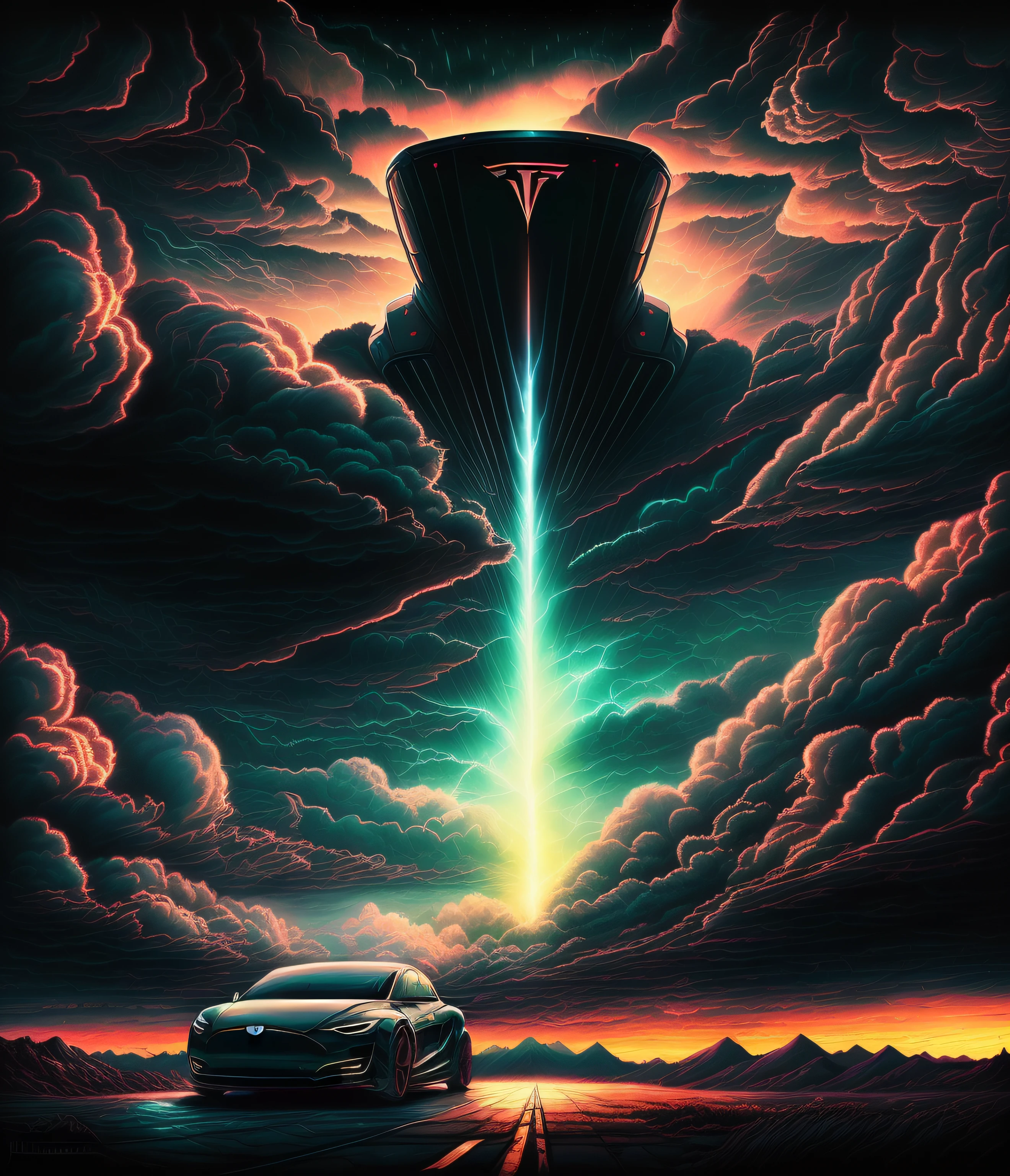 (abstract:1.2) front view (the tesla car, beautiful clouds, night:1.1) portrait, artistic sharp gloomy art, (dan mumford style:1.3), hdr, realism, cinematic atmosphere, lovecraft style, (JimJorCrafLogo art style:1.4).