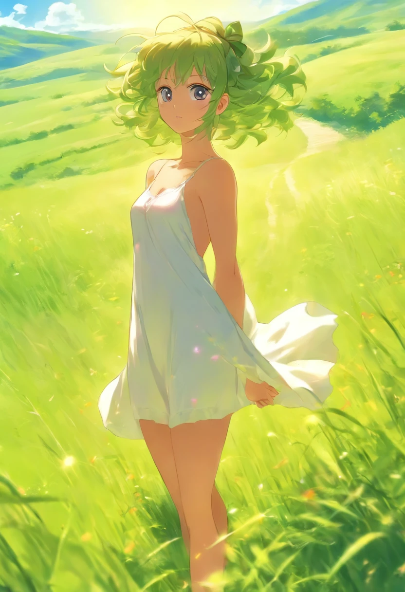 beautiful cute girl, white short nightgown, naked legs, bare arms, bare footed, Leather wide collar, hairlong, juicy short grass, Green Hills, Sunny day, Standing posture at full height,