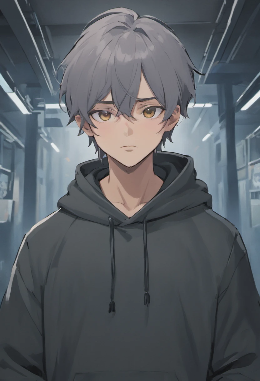 Avatar of a 115kg masculine man with gray hoodie with johnny depp mustache and goatee, buzz cut hairstyle with office background