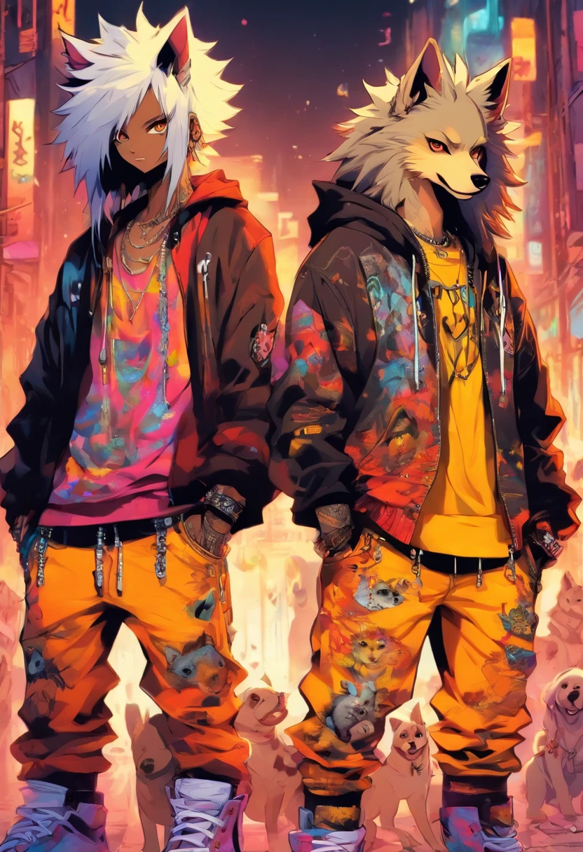 Two cool and trendy dogs looking here, White hair, Yellow eyes, Wear trendy hip-hop clothes, Wearing a hoodie, Graphic T-shirt and ripped jeans, Lots of tattoos and piercings, Doodle style background, Highly detailed background, perfect masterpiece, High quality, High resolution