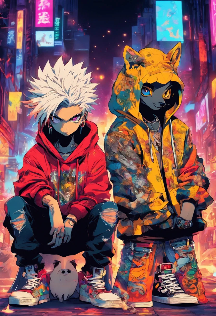 Two cool and trendy dogs looking here, White hair, Yellow eyes, Wear trendy hip-hop clothes, Wearing a hoodie, Graphic T-shirt and ripped jeans, Lots of tattoos and piercings, Doodle style background, Highly detailed background, perfect masterpiece, High quality, High resolution