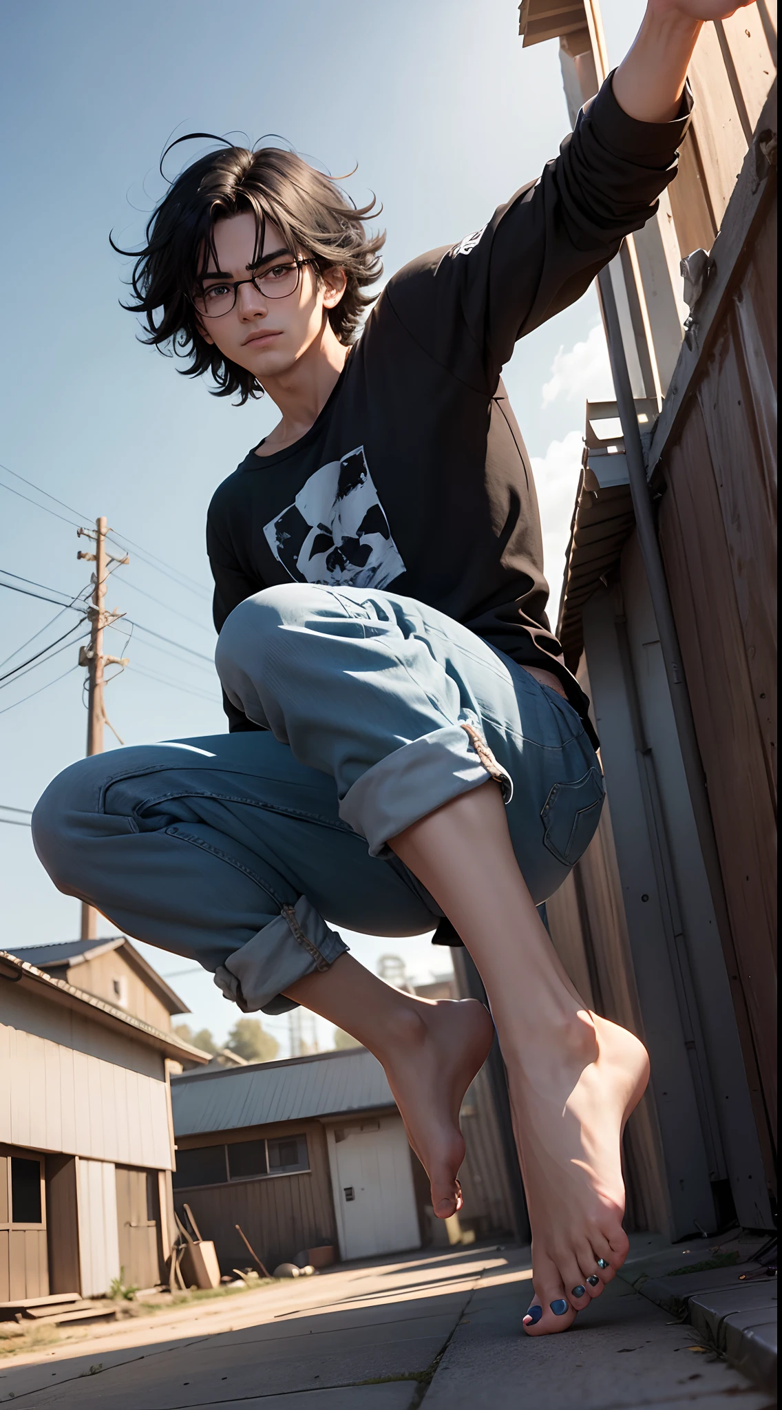 1 man 19 years old, black hair, messy hair, shaggy hair style, shoulder-length hair, bespectacled, hair over one eye, purple eyes, wearing black t-shirt, wearing long jeans, bare feet, from the front, front view, hold the laptop tightly with both hands, sliding on the corrugated iron roof, both legs contract, grounding, prepare to land, eyes looking down, slightly bent down, slightly at the back, grind teeth, clenched teeth, bared teeth, falling, jumping, he jumped in the air, he is floating in the air, jump, landing parkour moves, dramatic action photography, full body, full character, feet on the ground, left hand resting on the floor, face looking forward, the roof is made of corrugated iron, rooftop, above the alley, power poles, window on the far side, late afternoon, are on the 2nd floor, sky, dynamic low angle shooting, extremely detailed, best graphics, 8k, ultrasharp, masterpiece (5-toed feet, feet with full toes,)