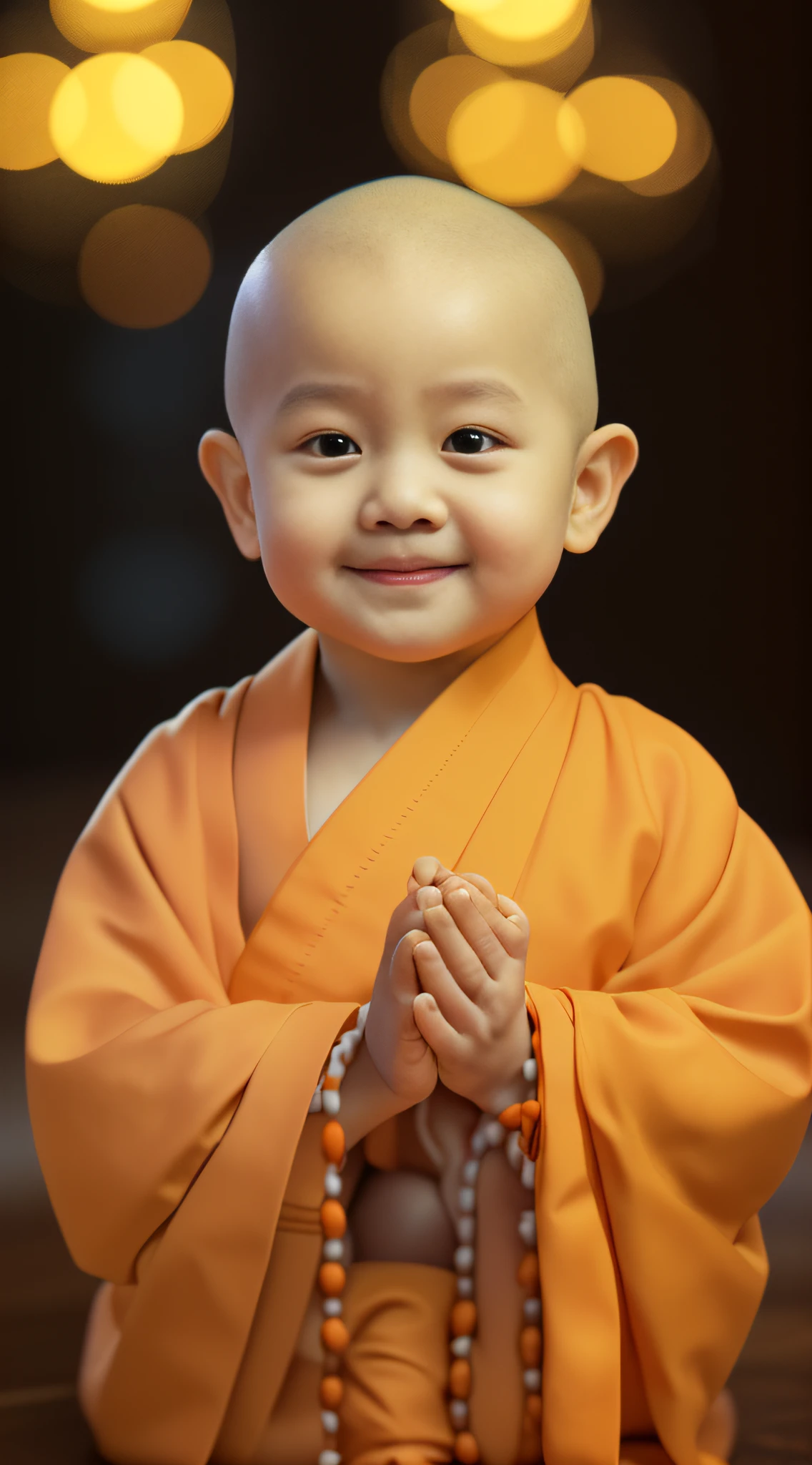 A little monk with a toddler,had his hands folded,sit with legs crossed,Orange monk robe,Perfect facial features,face to the viewer,with black background