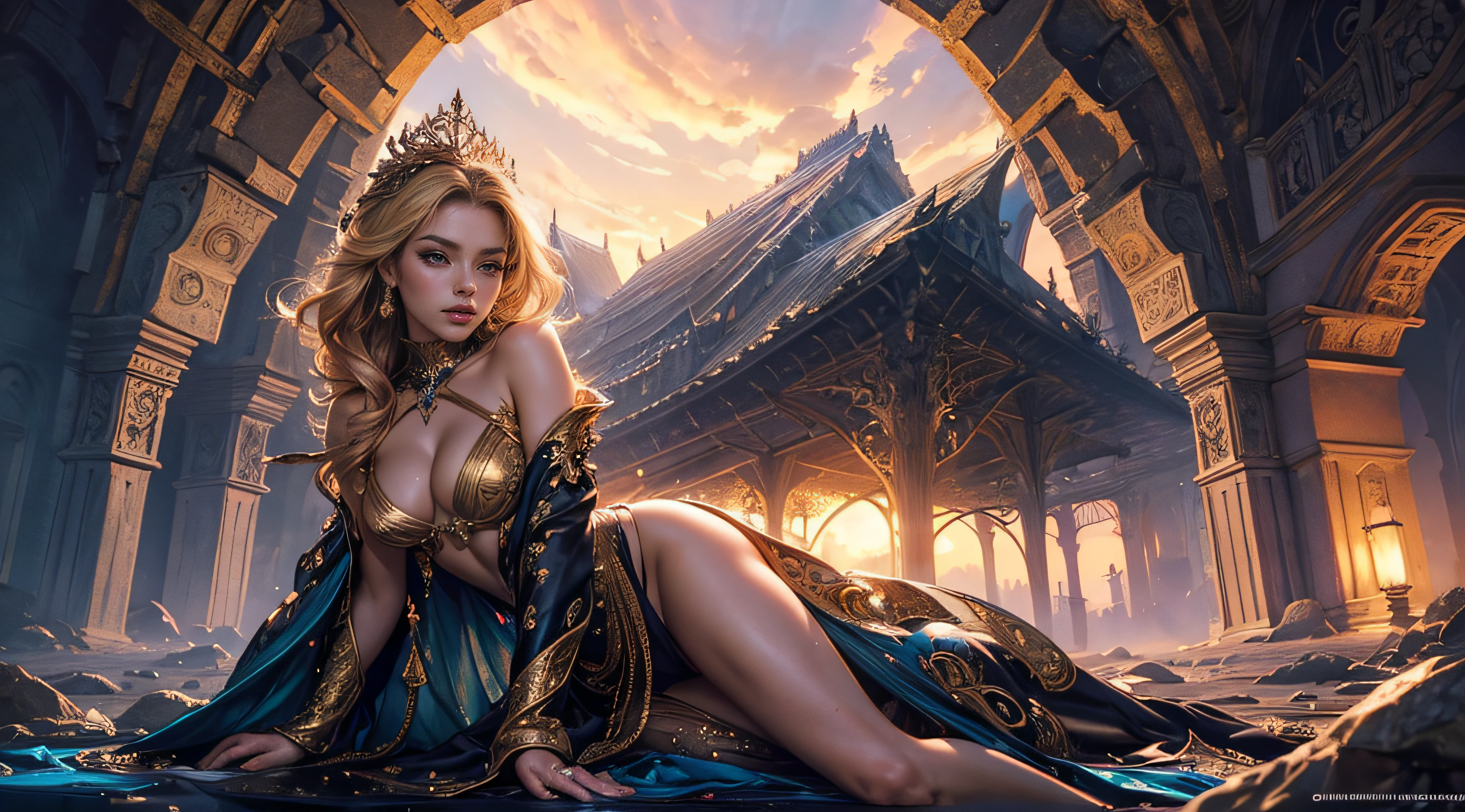 extremely detailed illustration of gorgeous woman wearing haute couture, stylish, backlit, highly illuminated, colorful crystal, awesome hair, closeup, visually rich, raytraced, manga, whimsical, JRPG, enchanting, emotionally evocative, detailed environment, fantastical, imaginative, visually rich, atmospheric, zoomed, flat lighting, 2d, cartoon, vector, rocks, art by MSchiffer, sunset, gold glow, cleavage, bare breasts, toned abs, tall, full body