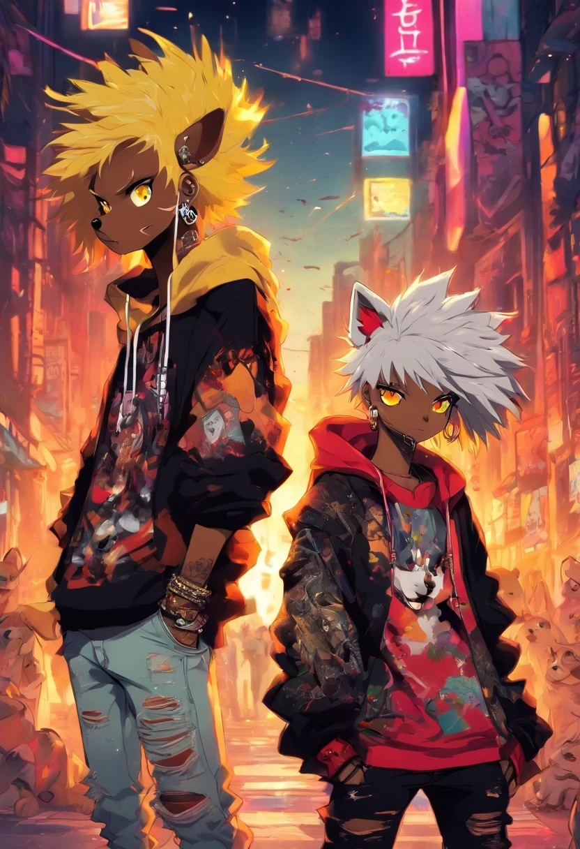 Two cool and trendy dogs looking here, White hair, Yellow eyes, Wear trendy hip-hop clothes, Wearing a hoodie, Graphic T-shirt and ripped jeans, Lots of tattoos and piercings, Doodle style background, Highly detailed background, perfect masterpiece, High quality, High resolution