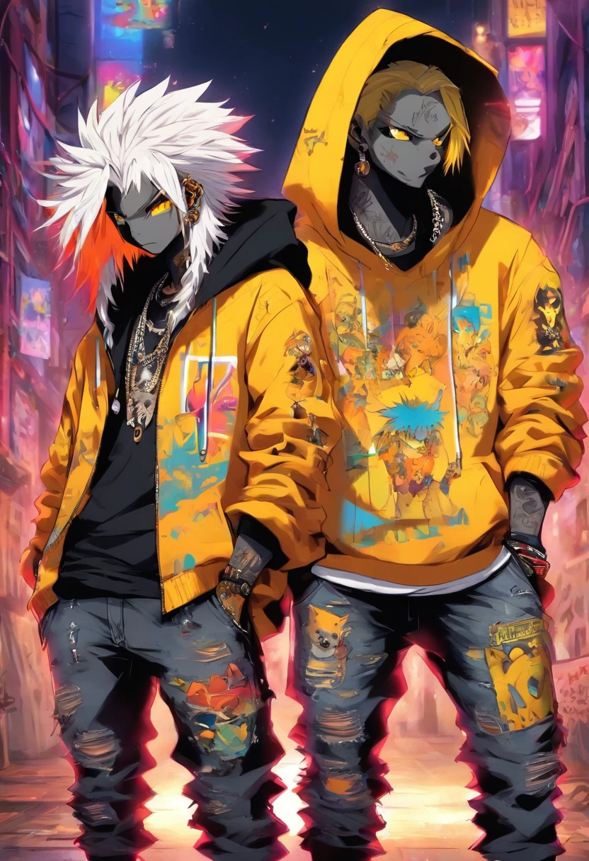 Two cool and trendy dogs looking here, White hair, Yellow eyes, Wear trendy hip-hop clothes, Wearing a hoodie, Graphic T-shirt and ripped jeans, Lots of tattoos and piercings, Doodle style background, Highly detailed background, perfect masterpiece, High quality, High resolution