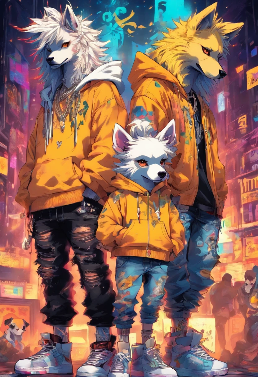 Two cool and trendy dogs looking here, White hair, Yellow eyes, Wear trendy hip-hop clothes, Wearing a hoodie, Graphic T-shirt and ripped jeans, Lots of tattoos and piercings, Doodle style background, Highly detailed background, perfect masterpiece, High quality, High resolution