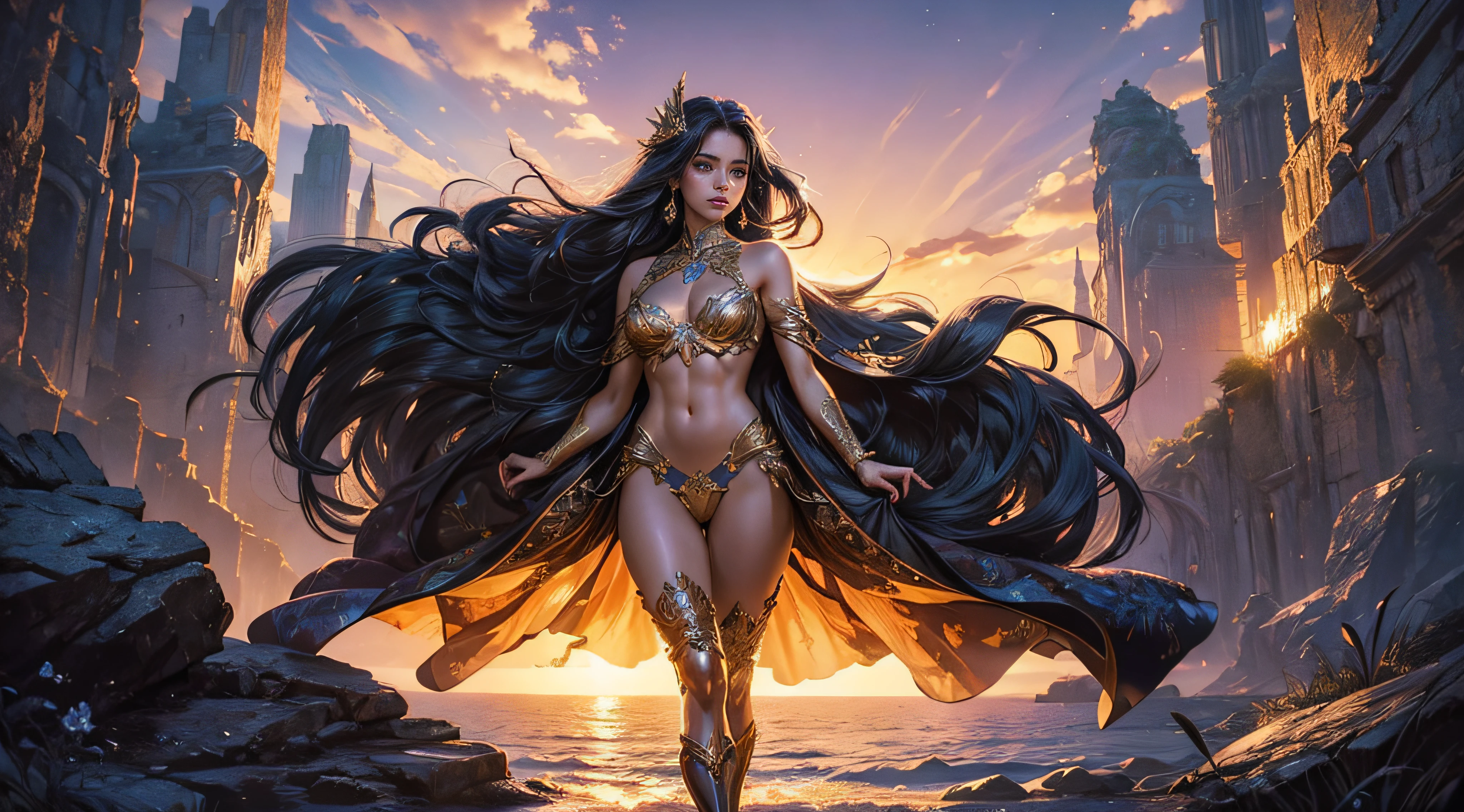 extremely detailed illustration of gorgeous woman wearing haute couture, stylish, backlit, highly illuminated, colorful crystal, awesome hair, closeup, visually rich, raytraced, manga, whimsical, JRPG, enchanting, emotionally evocative, detailed environment, fantastical, imaginative, visually rich, atmospheric, zoomed, flat lighting, 2d, cartoon, vector, rocks, art by MSchiffer, sunset, gold glow, cleavage, bare breasts, toned abs, tall, full body