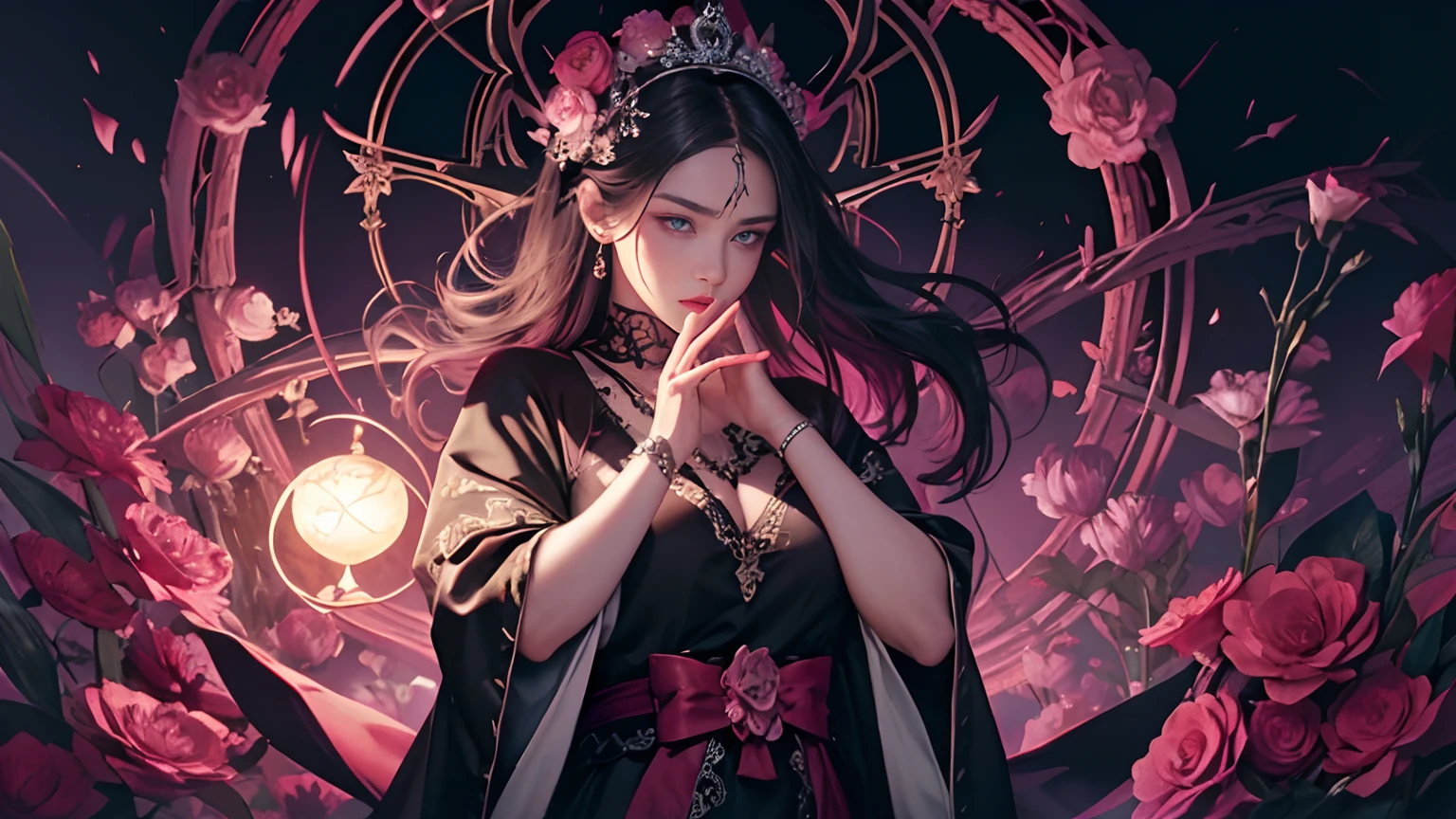 Official art, Unity 8k壁纸, ultra-detailliert, Beautiful and aesthetic, Beautiful, masutepiece, Best Quality, Dark, Atmospheric, mystery, romanticism, MACABRO, literary, Art Book, Fashion, Victorian, ornamental, Convoluted, Ironwork, Lace, brooding, emotional depth, Supernatural, (Ultra detailed scene) , (masutepiece) , Pretty girl , White thin robe , thick leg , Forming body , Shaped face , both_In the_Eyes_are_identical , Blue eyes , full body closeup , Lay your hands on as if you were praying while standing , dark pink lips , shaped nose and ears , Black straight hair , Silver crown , The wind blowing through your hair, A thousand pink flowers that turn her like a storm , Ruined prayer stone with runes and thimbles , There are old runes with black tattoos from neck to arm , The fog under her feet , 100 mini light balls around her , (high detailed face), (hyper pretty face) , Black eyebrows , long black robe , Dark Scene , dark fantasy art style , Magic , Magic ball in her hand , A pink aura glowing around her , Pinkish scene ,(hyperdetailed face),(Ultra-detailed magic forms) , (Ultra detailed flowers)