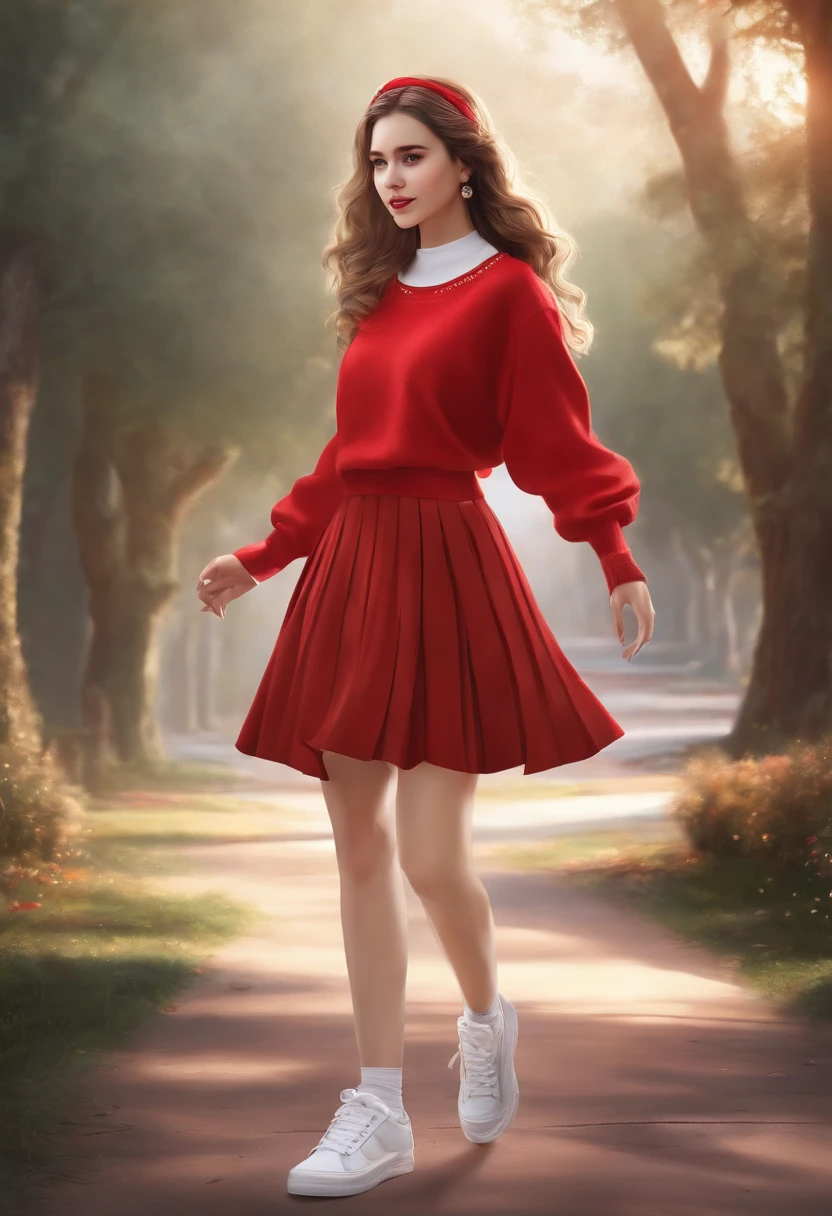 masterpiece, best quality, genny, hairband, red sweater, frilly white skirt, sneakers, standing, looking at viewer
