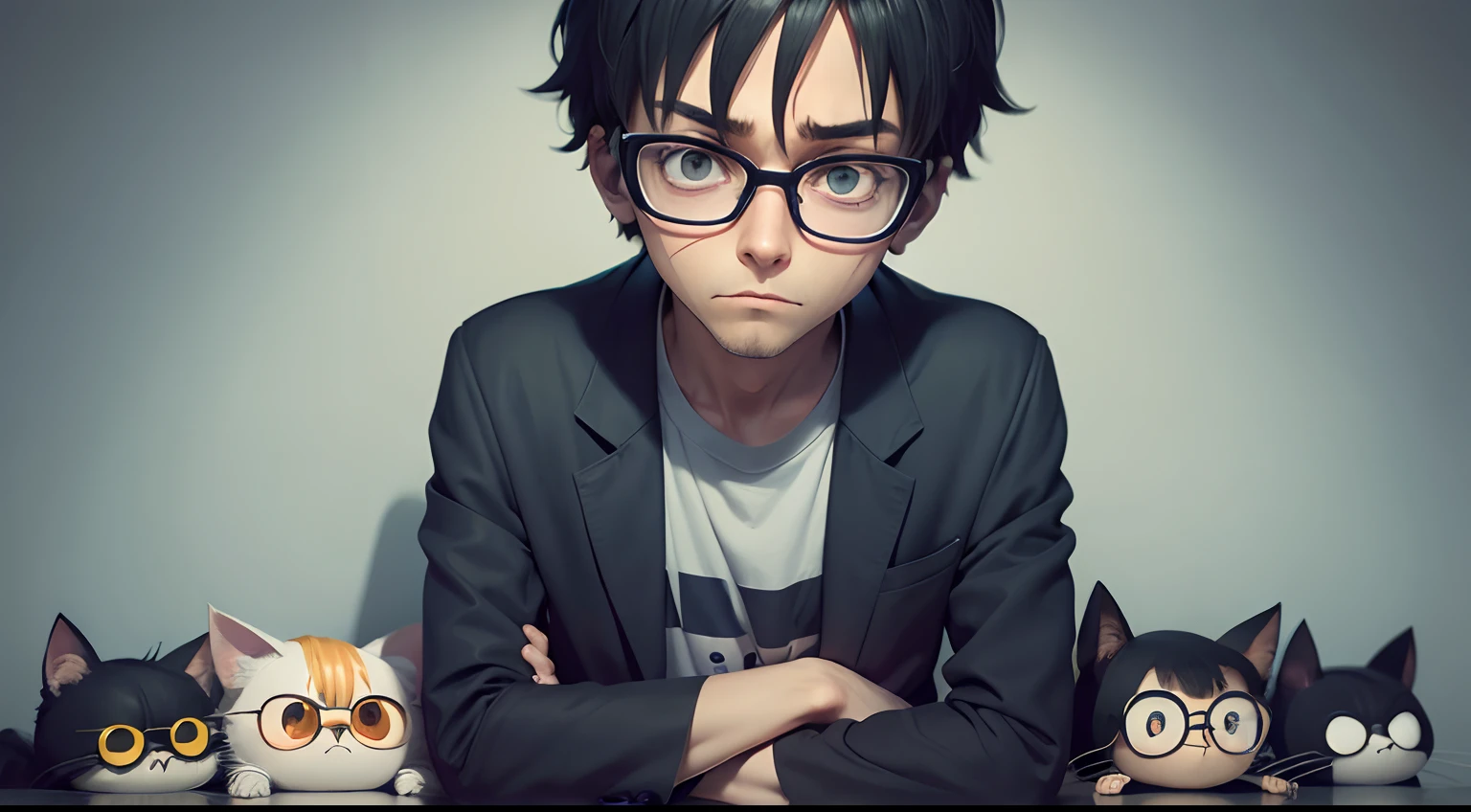 A closeup of a male cartoon character with glasses, inspirado em Jamie Hewlett, tired and haunted expression, 2 d anime, tired haunted expression, john egbert, 2 d estilo anime, estilo anime", Tim Burton superamostrado, Jamie Hewlett Arte, menino emo com orelhas de gato e cauda, Preso em casa, Mob Psicopata 100, haunted sad expression,fundo de quarto gamer.