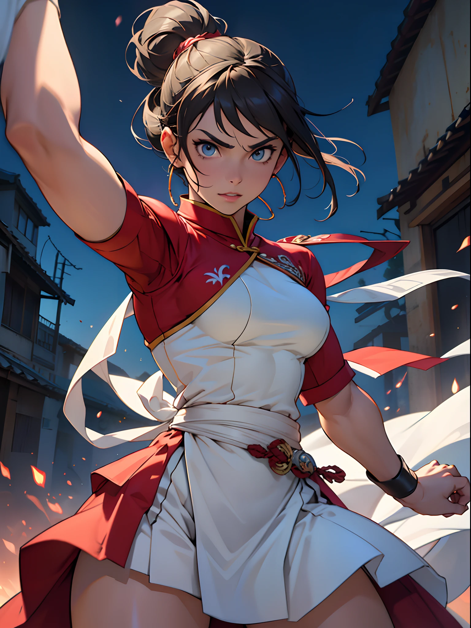 Japanese woman, gorgeous face, hair tied in bun, maria chiquinha, black hair, straight hair, caramelized brown eyes, red colored Chinese dress with neckline, thick thighs, large breasts, curvy, thin waist, white skin, red cloth armbands, red colored Chinese sneaker, ancient kingdom, medieval setting, fighting pose.