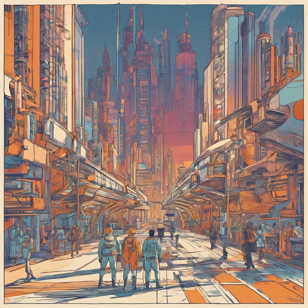 midshot, (cel-shading style:1.3), group of an astronauts walking into the spaceship landad in the street of a big city,  centered image, ultra detailed illustration of a highest metropolis, (tetradic colors), inkpunk, (ink lines:1.1), strong outlines, art by Sead Mead, bold traces, unframed, high contrast, (cel-shaded:1.1), vector, 32k resolution, best quality, flat colors, flat lights