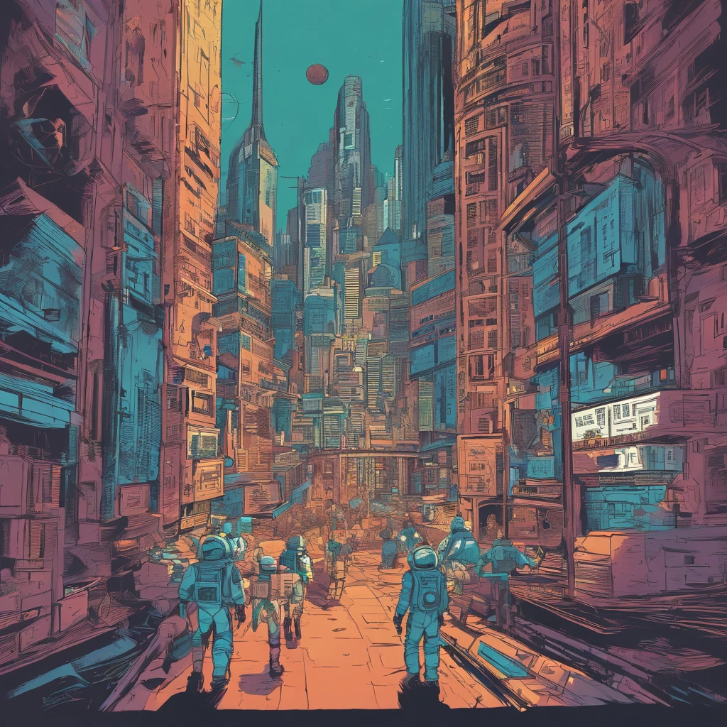 midshot, (cel-shading style:1.3), group of an astronauts walking into the spaceship landad in the street of a big city,  centered image, ultra detailed illustration of a highest metropolis, (tetradic colors), inkpunk, (ink lines:1.1), strong outlines, art by Sead Mead, bold traces, unframed, high contrast, (cel-shaded:1.1), vector, 32k resolution, best quality, flat colors, flat lights