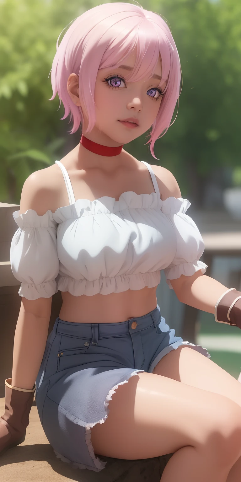 ((masterpiece)), (best quality), (official art, extremely detailed CG unity 8k wallpaper, highly detailed, shiny skin, vivid color), Tanya, (casual outfit:1.5), short pink hair, purple eyes, short braid, white top, red chocker, blue hot-pants, brown gloves, detailed eyes, sexy pose, sitting, (old town background:1.2),