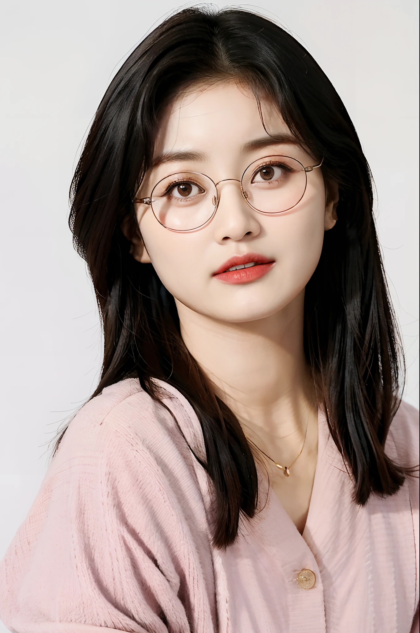 a close up of a woman wearing glasses and a colorful shirt, inspired by Kim Jeong-hui, jaeyeon nam, cute korean actress, with glasses, ruan jia beautiful!, lee ji - eun, lee ji-eun, wearing small round glasses, park ji-min, heonhwa choe, hwang se - on, wearing thin large round glasses