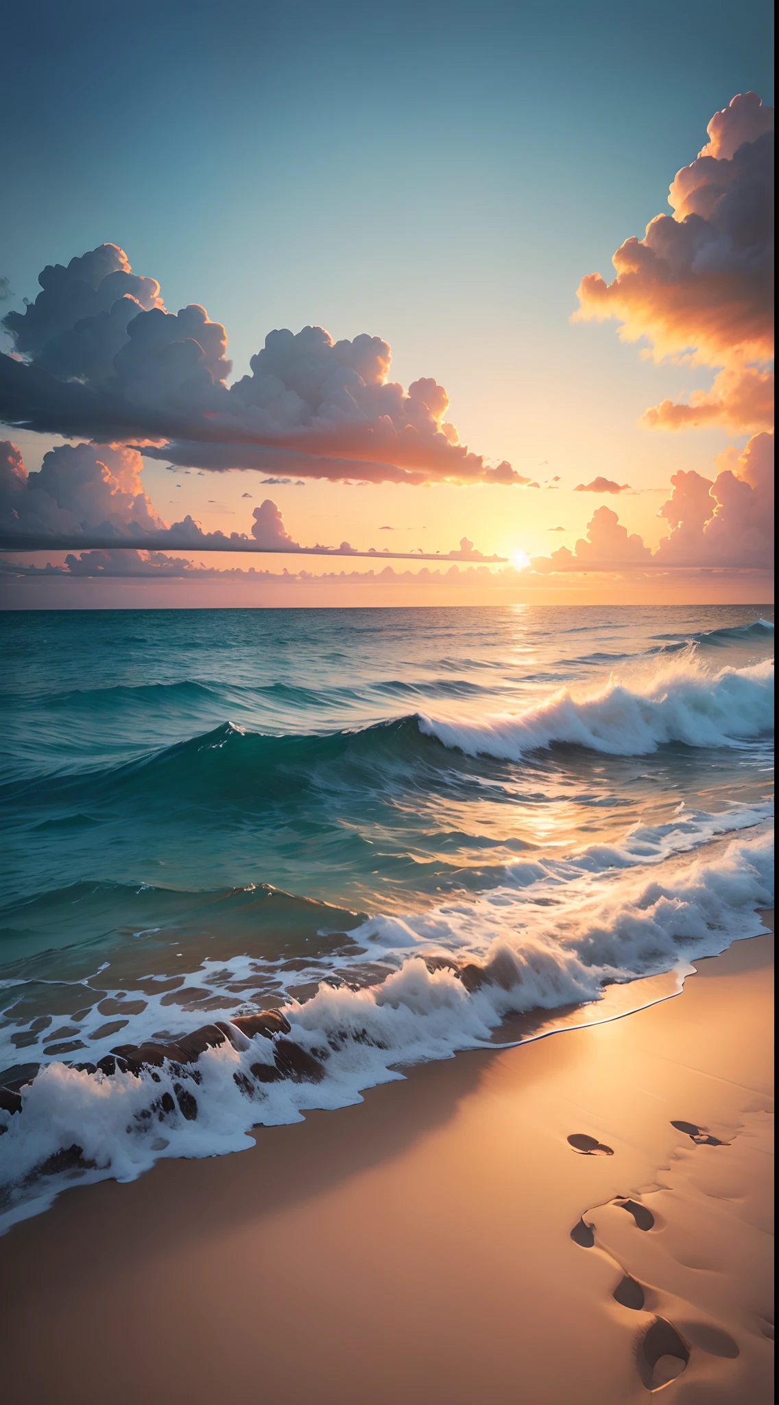 photorealistic painting of a breathtaking seascape, with crystal-clear water, white sand beaches, and lush green vegetation. The sun is setting in the distance, casting a warm glow over the entire scene. The sky is a brilliant blue, with wispy clouds scattered throughout.