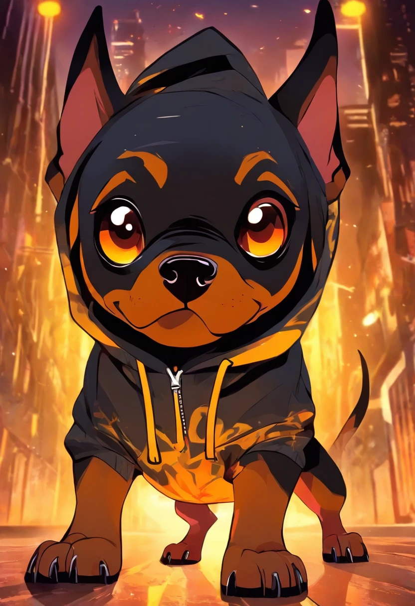 Cool and trendy looking here２Dog（Doberman、French Bulldog）, White hair, Yellow eyes, Wear trendy hip-hop clothes, Wearing a hoodie, Graphic T-shirt and ripped jeans, Doodle style background, Highly detailed background, perfect masterpiece, High quality, High resolution