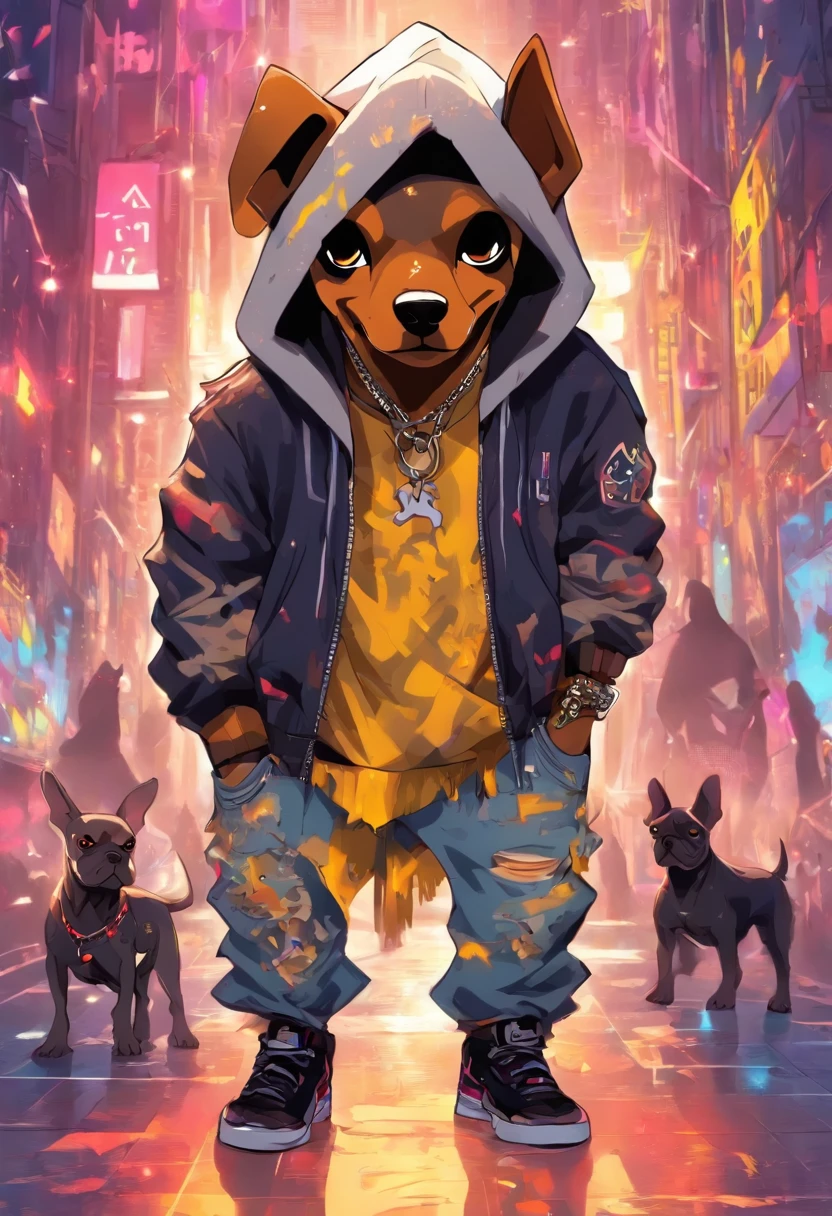 Cool and trendy looking here2Dog(Doberman、French Bulldog), White hair, Yellow eyes, Wear trendy hip-hop clothes, Wearing a hoodie, Graphic T-shirt and ripped jeans, Doodle style background, Highly detailed background, perfect masterpiece, High quality, High resolution