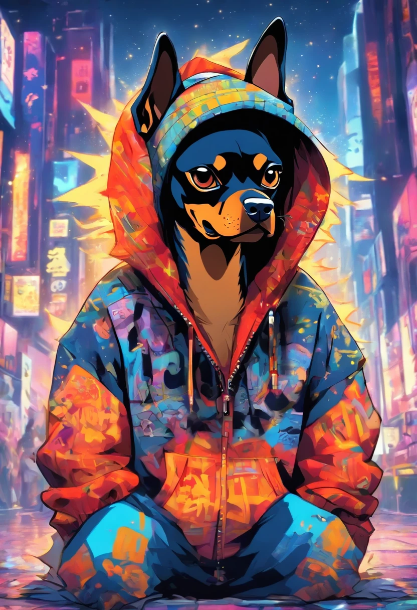 Cool and trendy looking here2Dog(Doberman、French Bulldog), White hair, Yellow eyes, Wear trendy hip-hop clothes, Wearing a hoodie, Graphic T-shirt and ripped jeans, Doodle style background, Highly detailed background, perfect masterpiece, High quality, High resolution