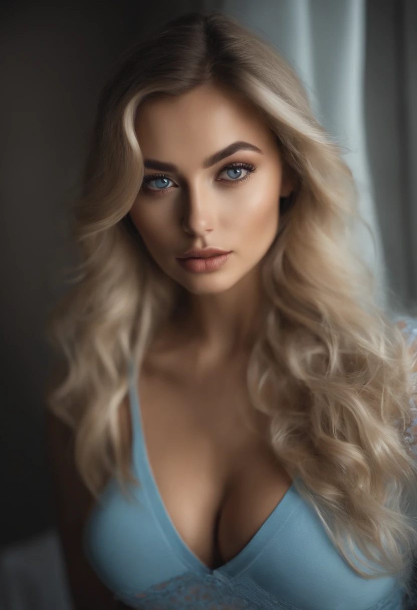 A woman in a matching T-shirt and panties, Sexy girl with blue eyes, portrait sophie mudd, Portrait of Corinna Kopf, blonde hair and large eyes, selfie of a young woman, Eyes at the Violet Myers Club, without Макияж, natural makeup, looking straight at camera, face with artgram, dezentes Make-up, Stunning full-length shot, in bedroom, cleavage