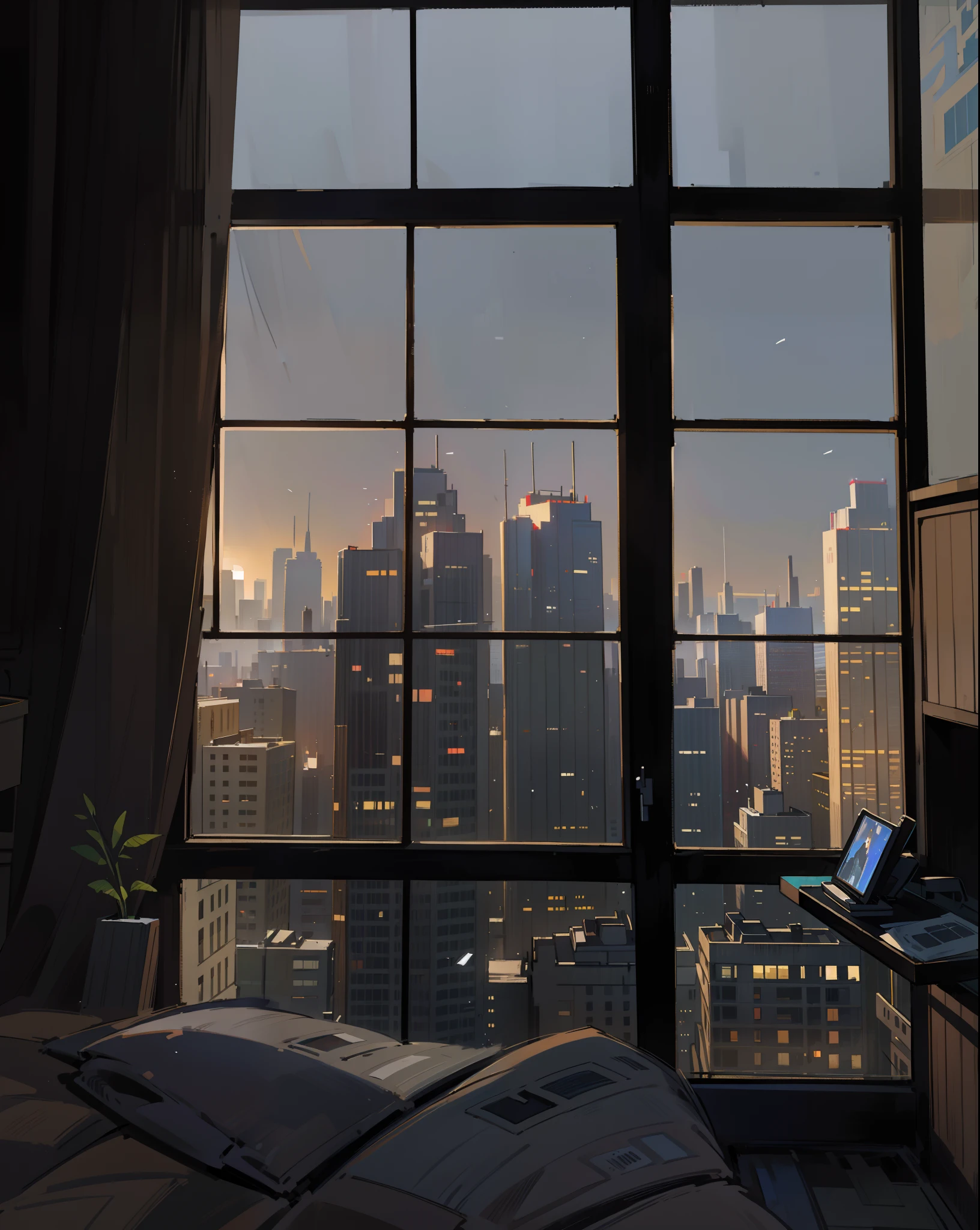 (best quality,4k,8k,highres,masterpiece:1.2),ultra-detailed,(realistic,photorealistic,photo-realistic:1.37),window of room view to skyscraper city,beautifully lit room with a large window:1.1,expansive panoramic view:1.1,skyscrapers reaching into the sky,tall gleaming glass buildings:1.1,modern architectural wonders,cityscape bustling with life:1.1,vibrant and energetic atmosphere:1.1,visibly busy streets filled with people and cars,traffic flowing smoothly:1.1,tower cranes constructing new buildings:0.9,colorful billboards and advertisements:0.9,impressive skyline silhouetted against the sky:1.1,glowing lights from the buildings illuminating the night:1.1,contrast of natural and artificial light:1.1,elegant and minimalist interior design,contemporary furniture and decor:1.1,inviting and cozy ambiance:1.1,warm and soft lighting casting a soothing glow:1.1,silhouette of a person standing near the window:0.9,admiring the view in awe:0.9,reflection of lights on the glass window:0.9,perfectly framed view of the city:1.1,awe-inspiring artistic masterpiece featuring the modern urban landscape