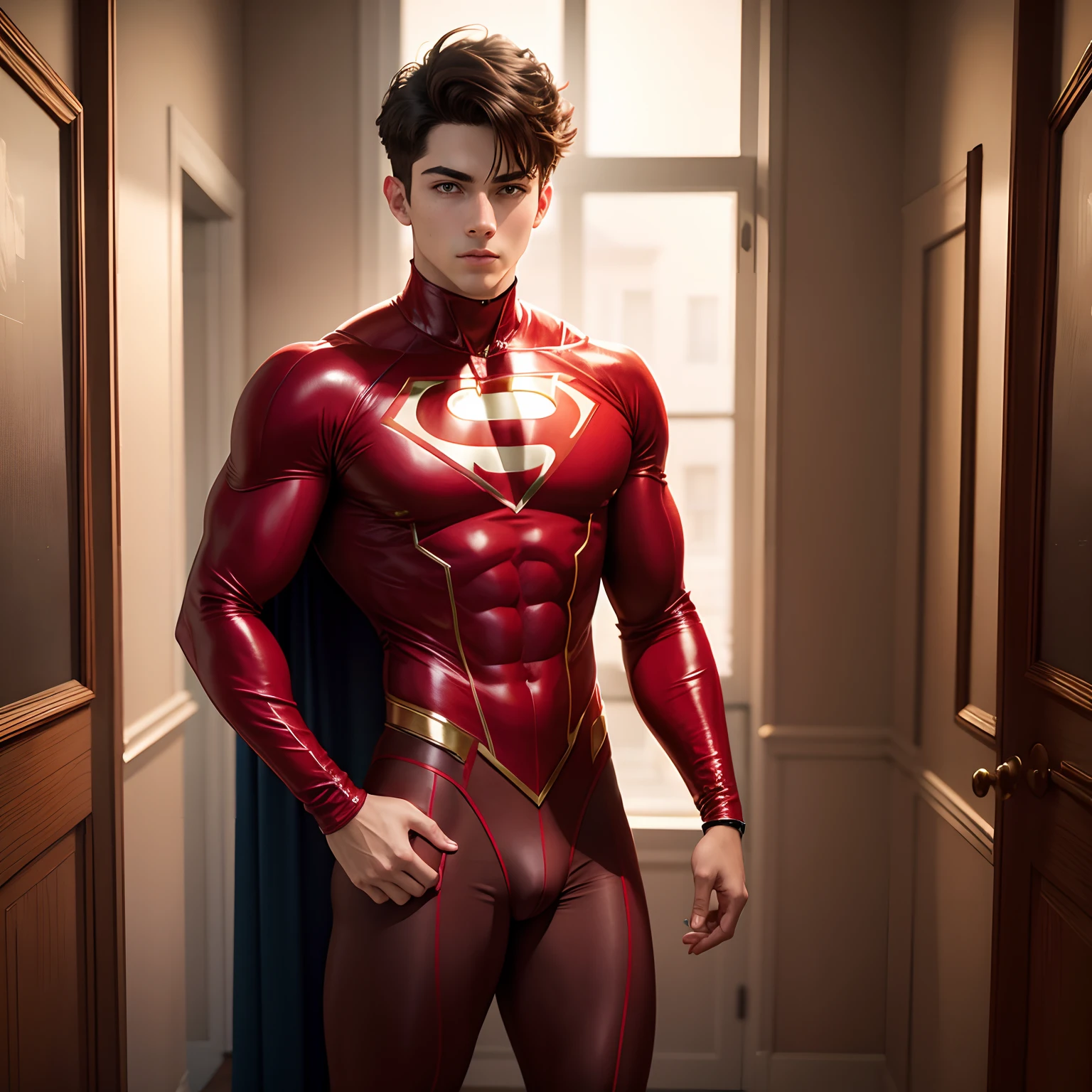 Young male superhero standing in room in red pantyhose