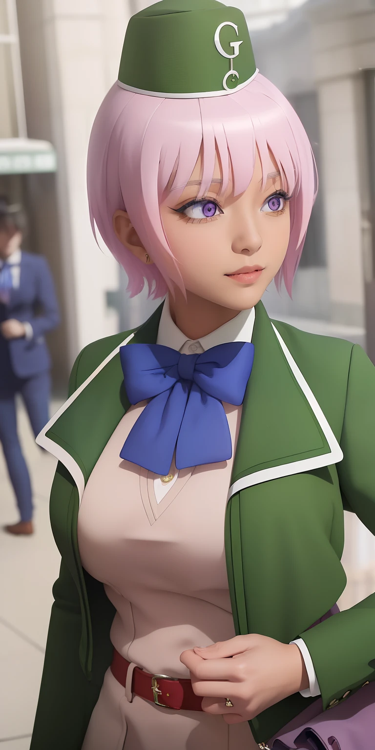 ((masterpiece)), (best quality), (official art, extremely detailed CG unity 8k wallpaper, highly detailed, shiny skin, vivid color), Tanya, (work outfit:1.5), green jacket, short pink hair, purple eyes, green hat with g sign, red belt, blue ribbon, detailed eyes, (old city background:1.2),