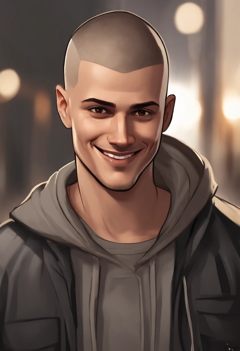 cartoon image of a male with faded buzz cut haircut wearing a gray hoodie, character portrait, light brown eyes, buzz cut(black:1.5,), smiling, inspired by Johnny Deep with short hair, (black:1.5,dark brown:1.3, gray:1.2),
