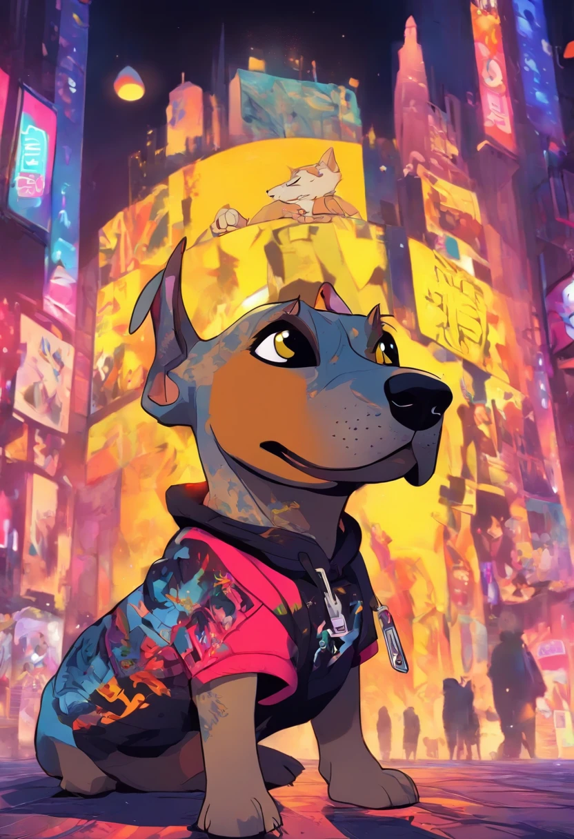 Cool and trendy looking here２Dog（Doberman、French Bulldog）, White hair, Yellow eyes, Wear trendy hip-hop clothes, Wearing a hoodie, Graphic T-shirt and ripped jeans, Doodle style background, Highly detailed background, perfect masterpiece, High quality, High resolution