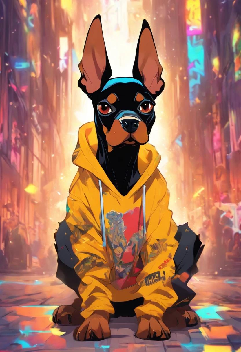 Cool and trendy looking here２Dog（Doberman、French Bulldog）, White hair, Yellow eyes, Wear trendy hip-hop clothes, Wearing a hoodie, Graphic T-shirt and ripped jeans, Doodle style background, Highly detailed background, perfect masterpiece, High quality, High resolution