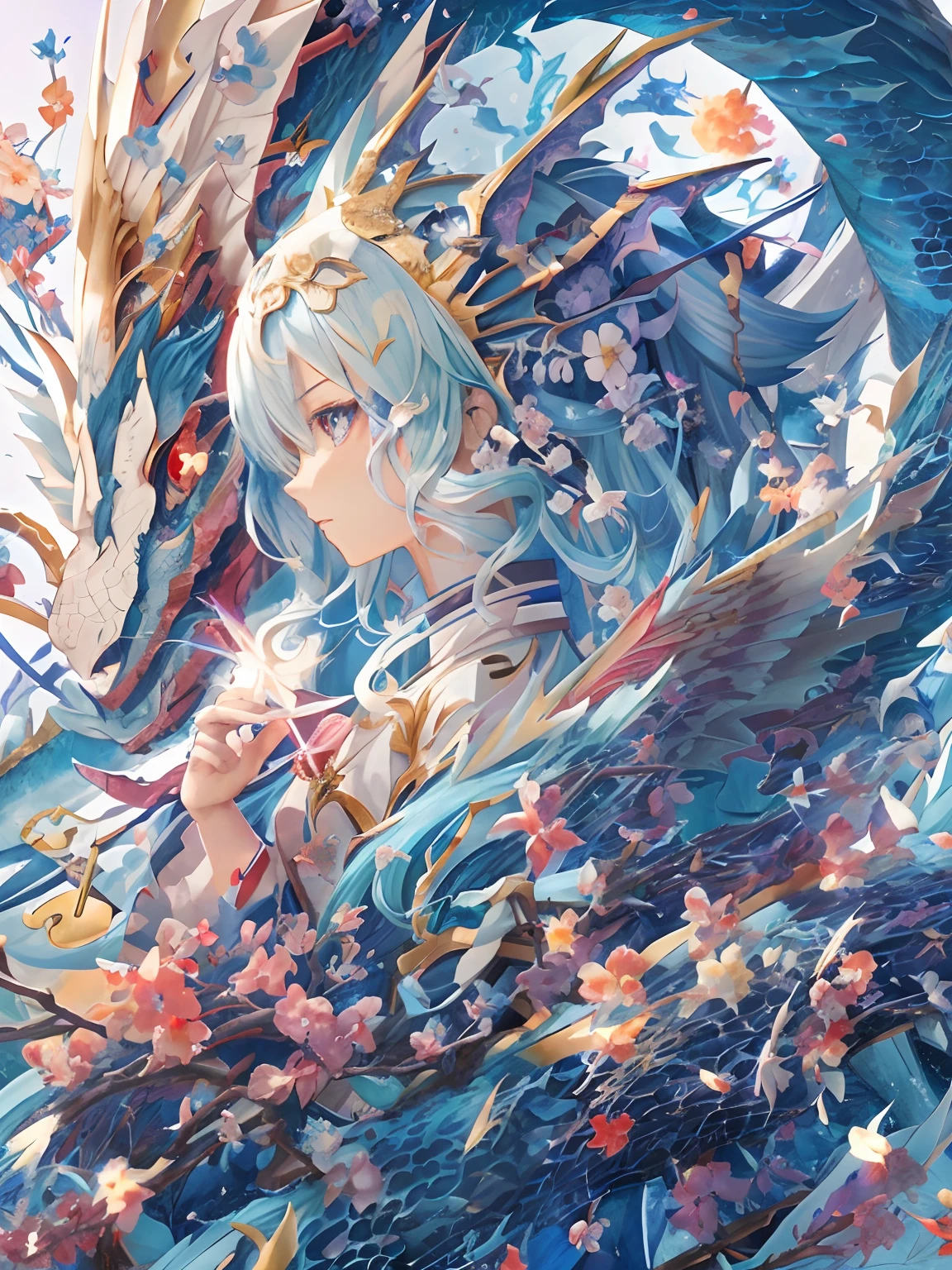 The dragon、Anime girl with blue hair and white wings on blue and white background, detailed anime art, Detailed anime artwork, Detailed Digital Anime Art, anime art wallpaper 4k, anime art wallpaper 4k, Detailed key anime art, beautiful anime artwork, anime fantasy artwork, Anime art wallpaper 8k, high detailed official artwork, clean detailed anime art, anime fantasy illustration