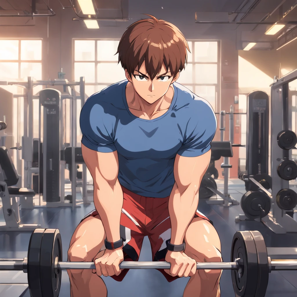 Saitama ((careca)), Um homem de soco, masculino, Working out intensely in a bodybuilding gym, Well-defined and detailed muscles,