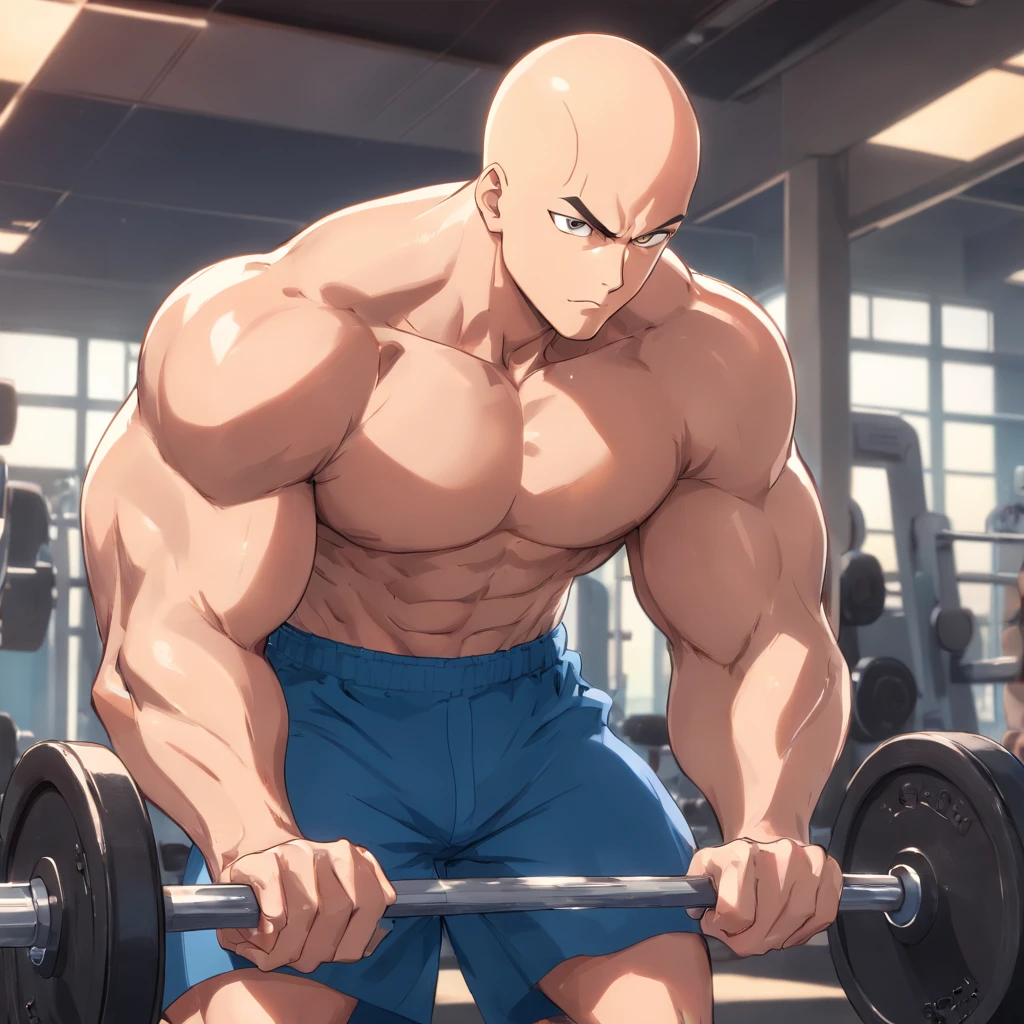Saitama ((careca)), Um homem de soco, masculino, Working out intensely in a bodybuilding gym, Well-defined and detailed muscles,