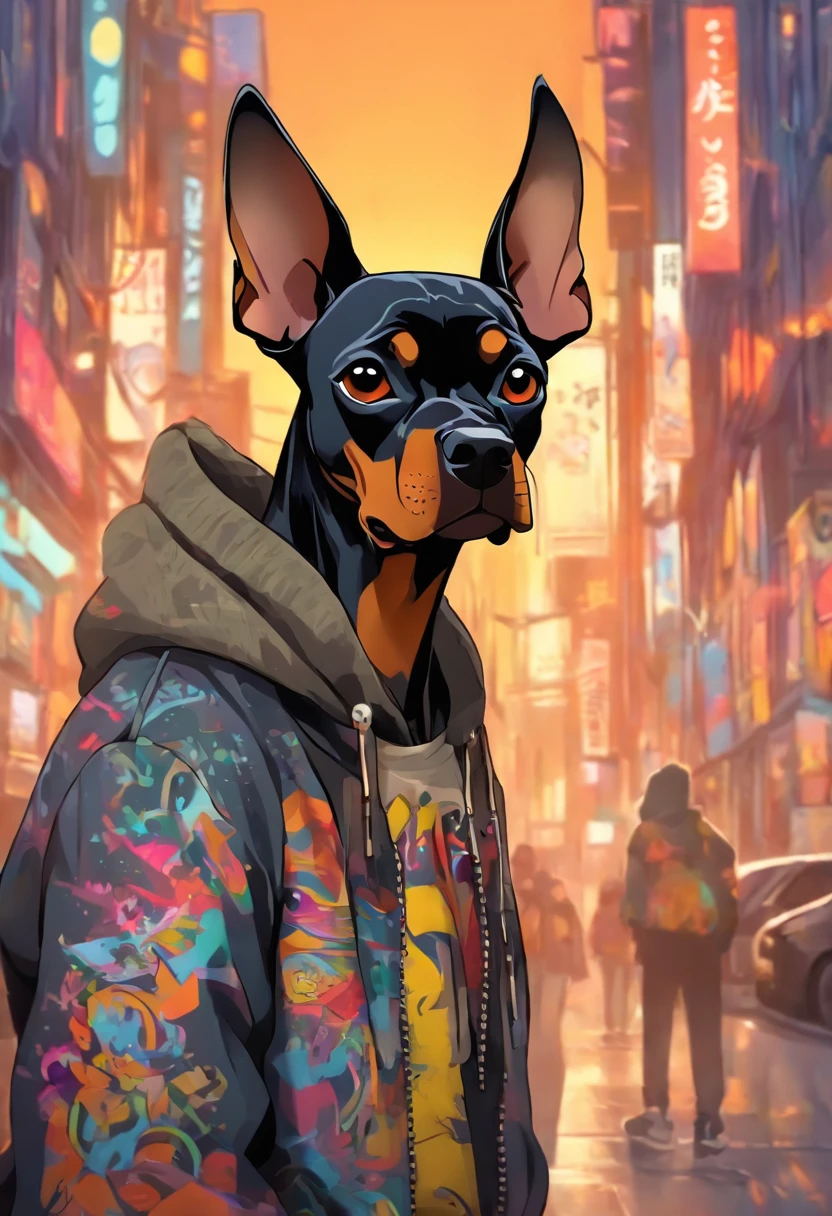 Cool and trendy looking here2Dog(Doberman、French Bulldog), White hair, Yellow eyes, Wear trendy hip-hop clothes, Wearing a hoodie, Graphic T-shirt and ripped jeans, Doodle style background, Highly detailed background, perfect masterpiece, High quality, High resolution