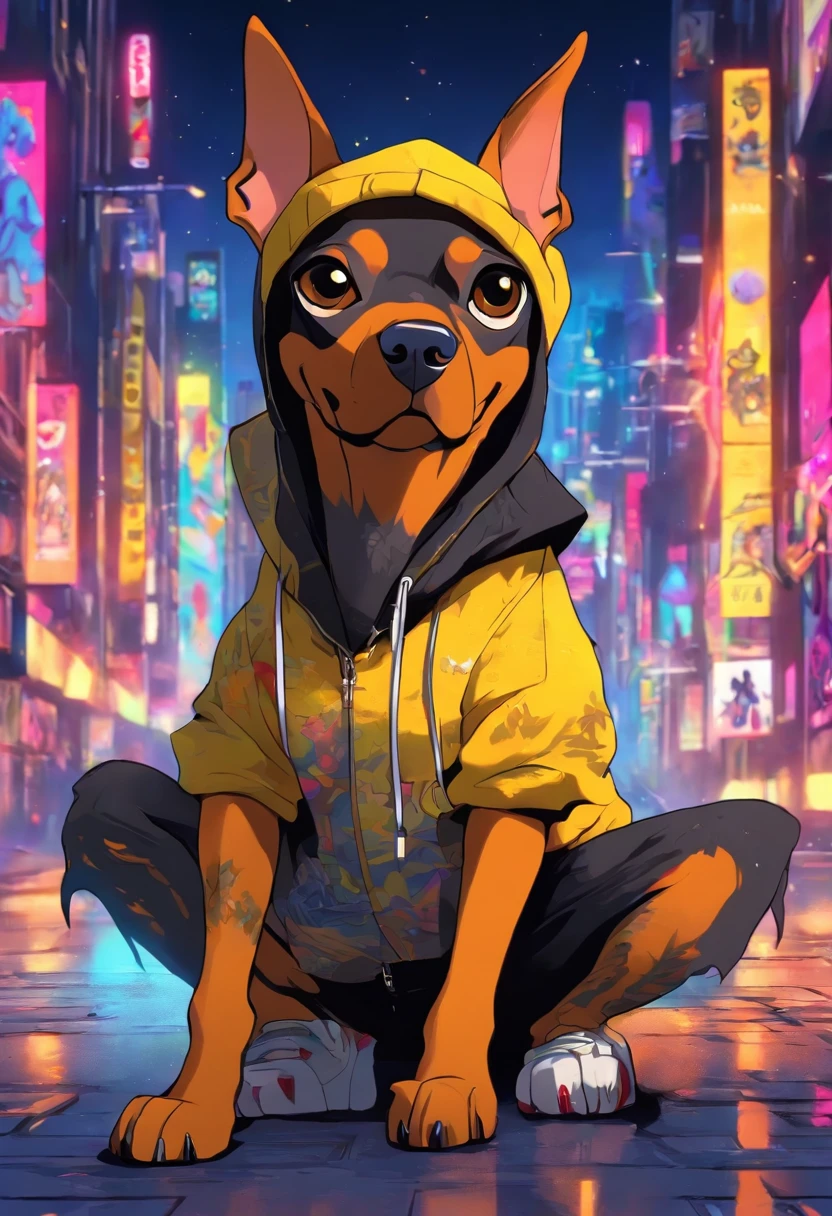 Cool and trendy looking here２Dog（Doberman、French Bulldog）, White hair, Yellow eyes, Wear trendy hip-hop clothes, Wearing a hoodie, Graphic T-shirt and ripped jeans, Doodle style background, Highly detailed background, perfect masterpiece, High quality, High resolution