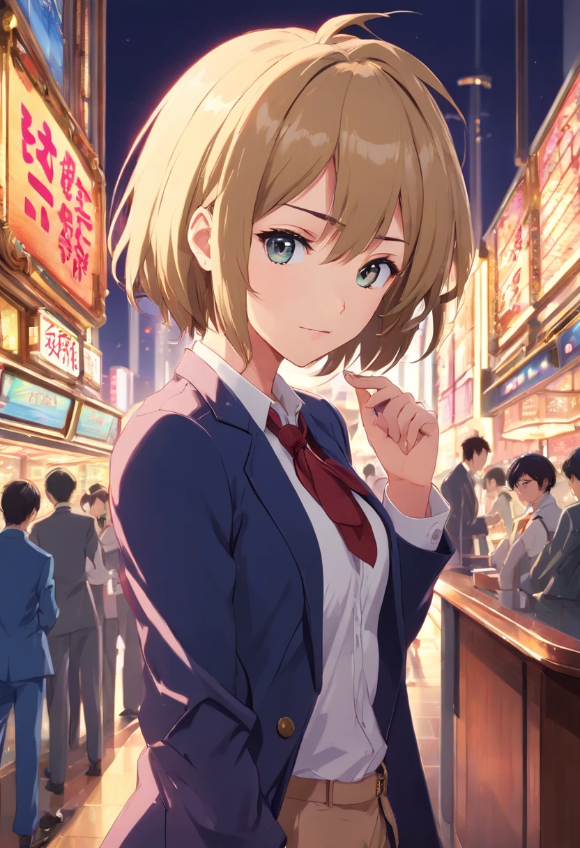 ((Best quality, 8K, Masterpiece: 1.4)),((Amazing detail: 1.3)),((illustration: 1.2)),((high resolution: 1.1)),1 man,Cover your face with 1 playing card,Wear black gloves,One eye is exposed,Eyes glow,Anime style,wear suit,casino background,Delicate,Combat posture,with short golden hair,full bodyesbian,Anatomically correct,