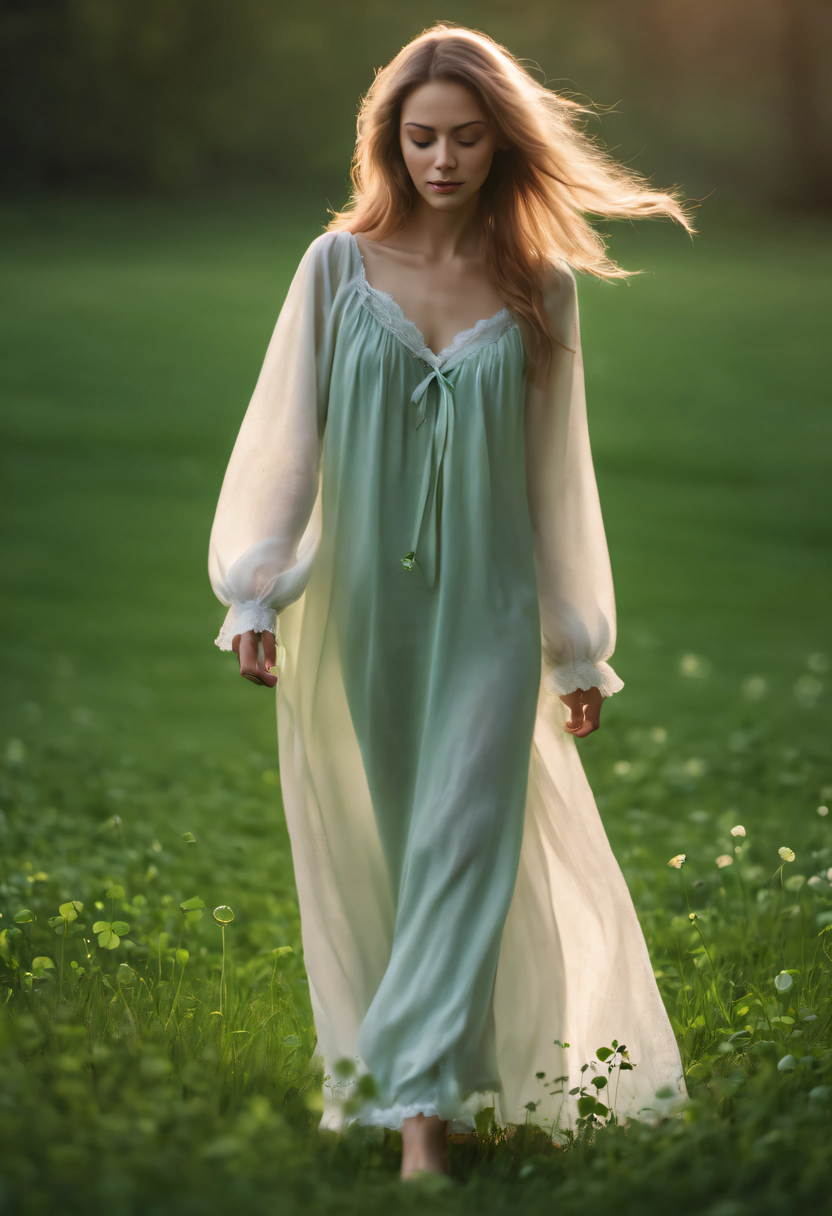 a beautiful woman in a nightgown walking on the grass and a four-leaf clover in the morning