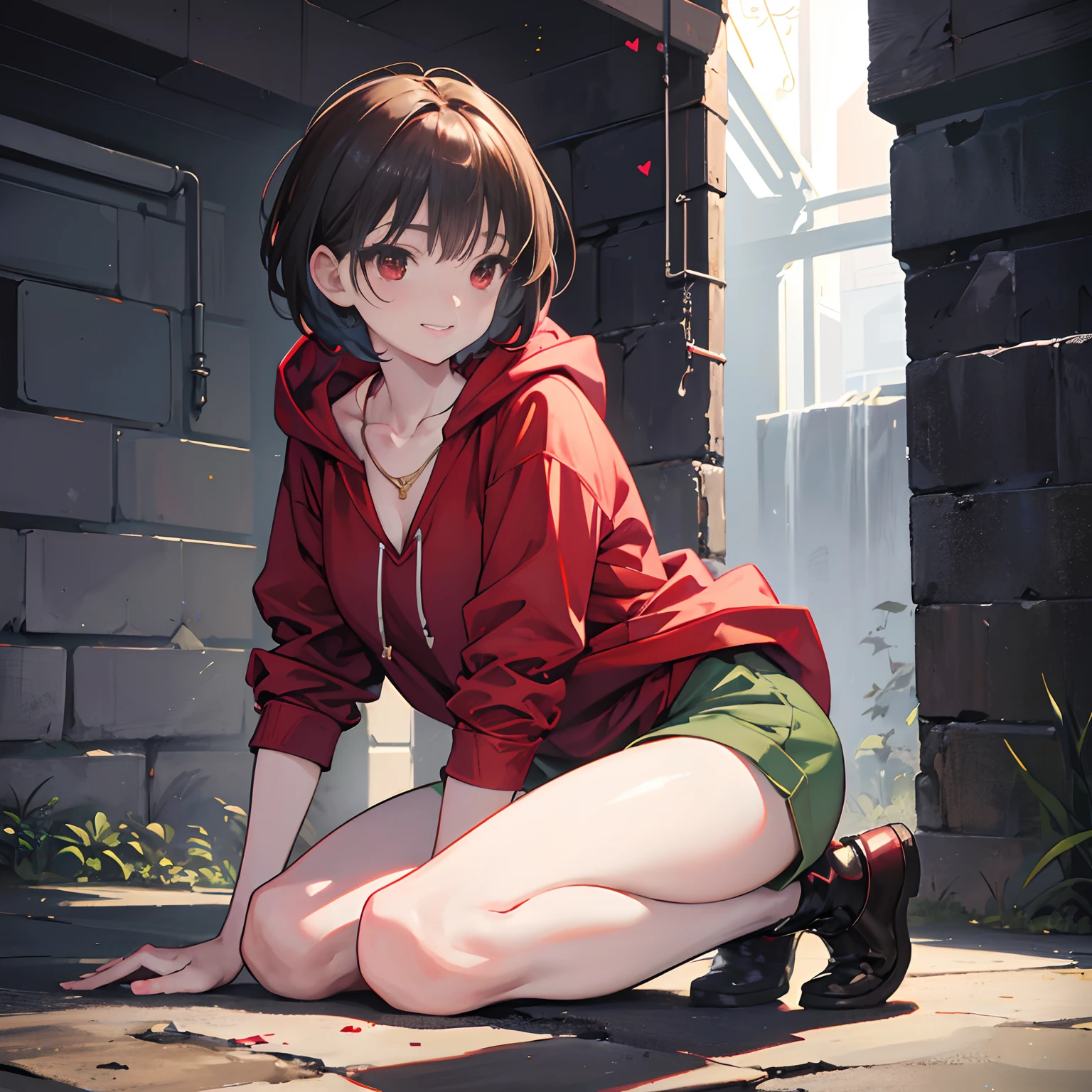 Underground Story, Chala, a single person, shadow, grinning, red eyes, Tsundere, murder, cold-blooded killer, green hooded shirt, exposed chest, brown shorts, holding a dagger, stockings, full-body portrait, brown short hair, blushing, hand details, high definition, gold heart necklace, close to the original version, illustrations, CG, anime, two-dimensional (best quality, 4k, 8k, high-res, masterpiece:1.2), ultra-detailed, (realistic, photorealistic, photo-realistic:1.37), vivid colors, comic style, backlighting.