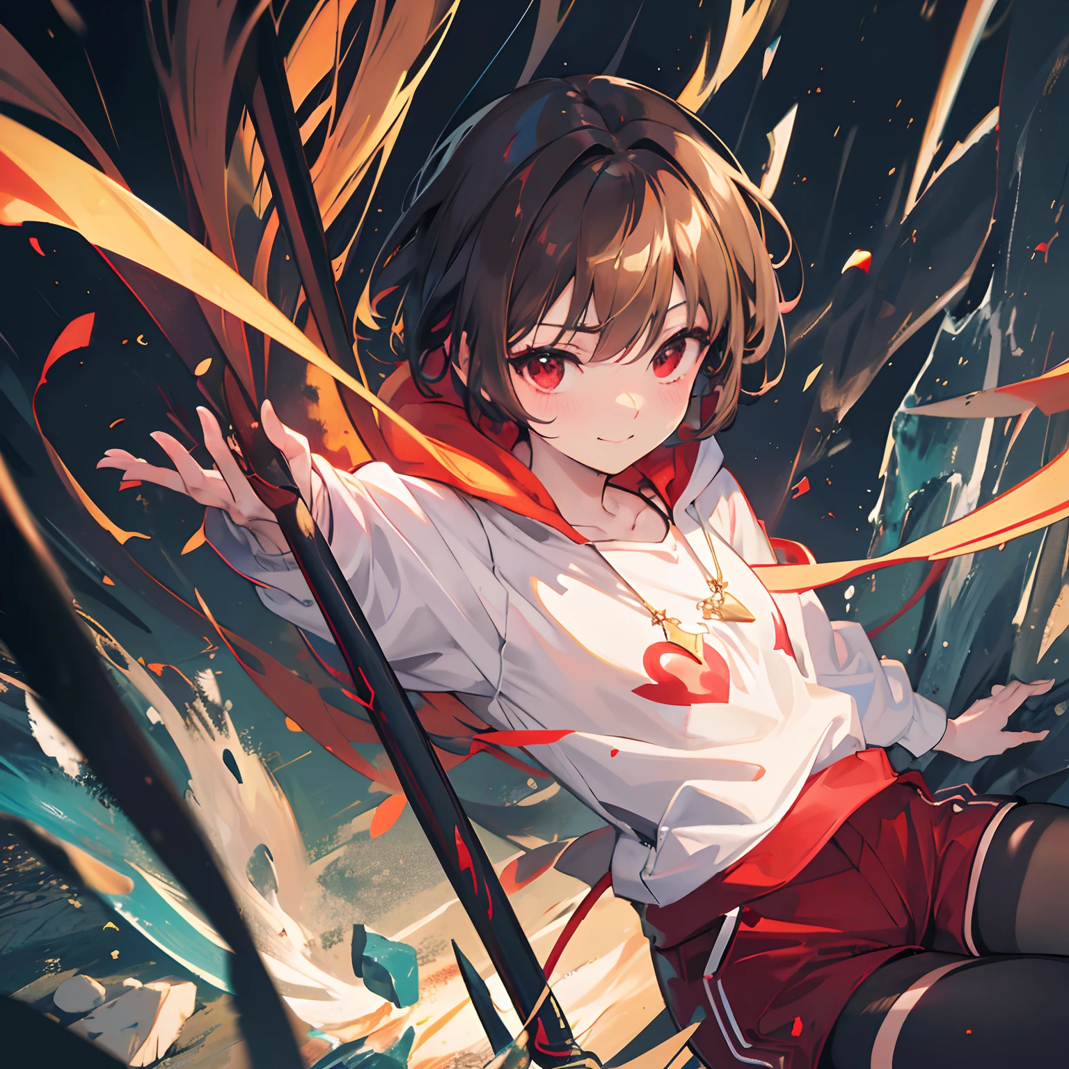 Underground Story, Chala, a single person, shadow, grinning, red eyes, Tsundere, murder, cold-blooded killer, green hooded shirt, exposed chest, brown shorts, holding a dagger, stockings, full-body portrait, brown short hair, blushing, hand details, high definition, gold heart necklace, close to the original version, illustrations, CG, anime, two-dimensional (best quality, 4k, 8k, high-res, masterpiece:1.2), ultra-detailed, (realistic, photorealistic, photo-realistic:1.37), vivid colors, comic style, backlighting.