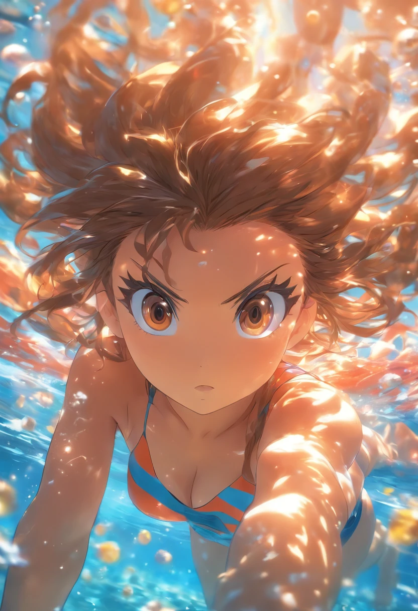foreshortening, depth of field, masterpiece, best quality, 1girl, brown hair, brown eyes, long hair, underwater, air bubble, solo, looking at viewer, school swimsuit, swimming, dappled sunlight,