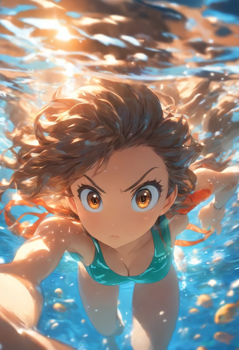 foreshortening,  depth of field, masterpiece, best quality, 1girl, brown hair, brown eyes,  long hair, underwater, air bubble, solo, looking at viewer, school swimsuit, swimming,  dappled sunlight,