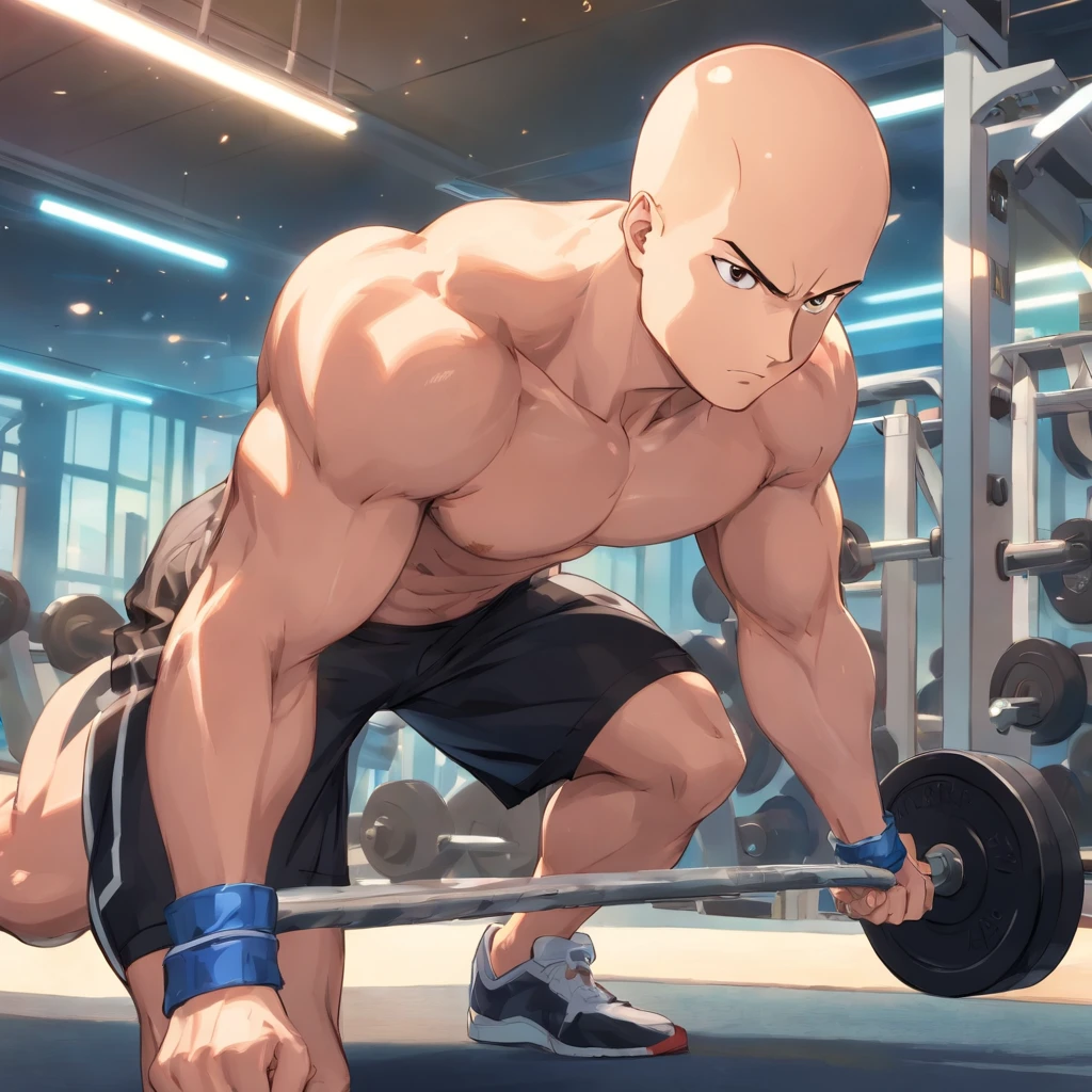 Saitama ((careca)), Um homem de soco, masculino, Working out intensely in a bodybuilding gym, Well-defined and detailed muscles,